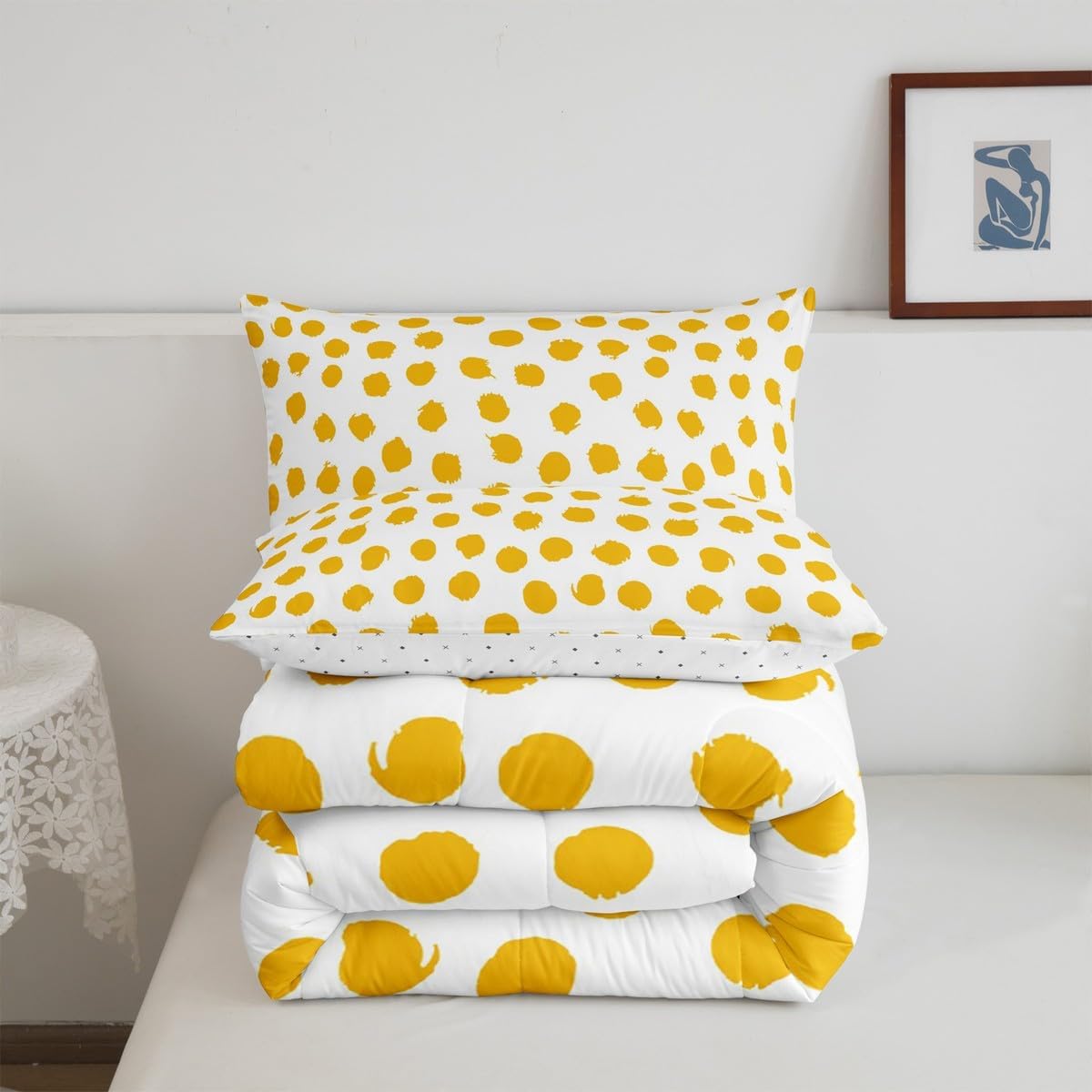 Erosebridal Bohemian Comforter Set Queen Size Polka Dots Duvet Quilt for Kids Teens Adults Brush Stroke Yellow Comforter All Season Bedding Set
