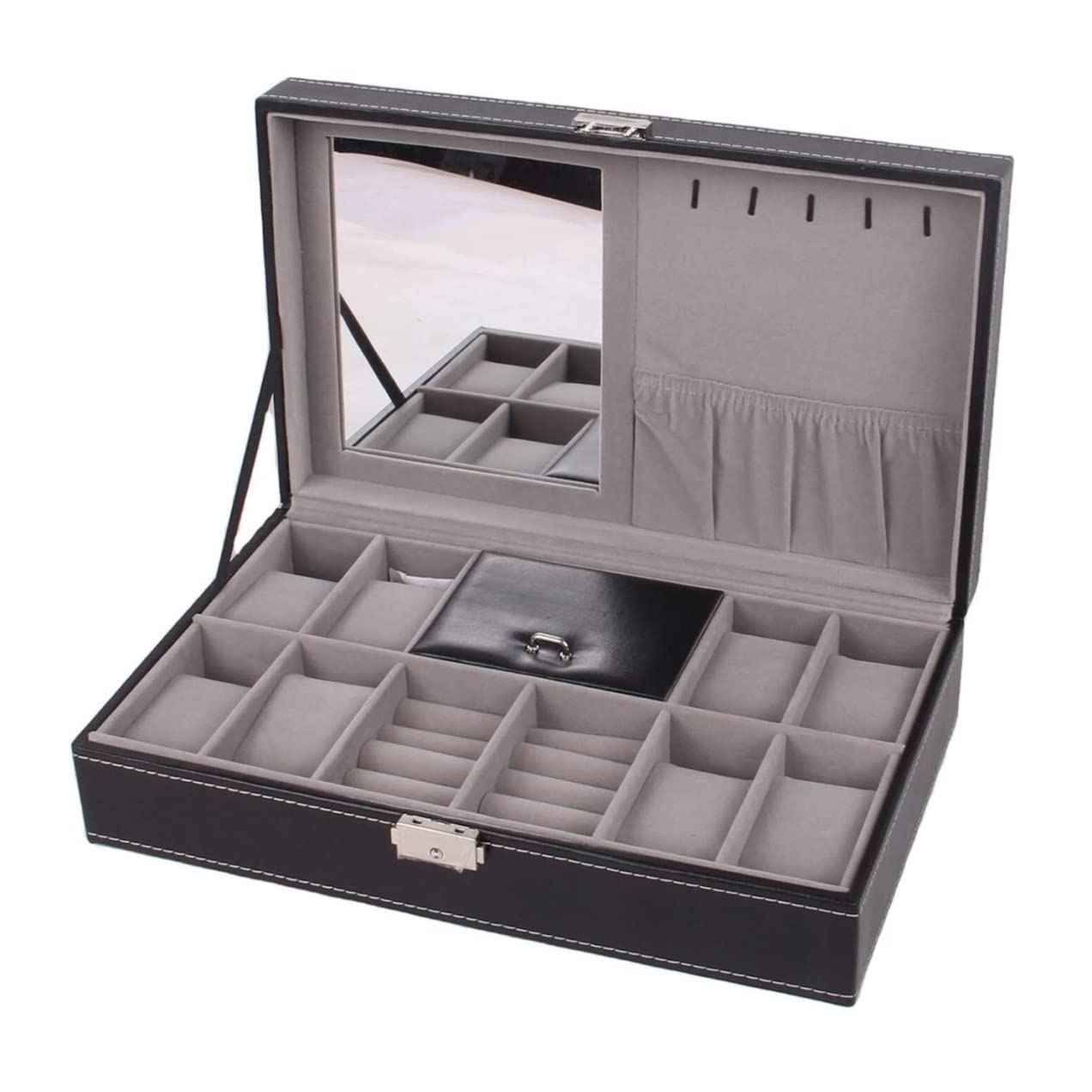 HVMBEUGOS Watch Box Watch Organizer Display Wood 8 Slots Watch Jewellery Storage Organizer Box Lockable Bracelet Ring Showcase Watch Storage (Black 33 * 20 * 8.2Cm)