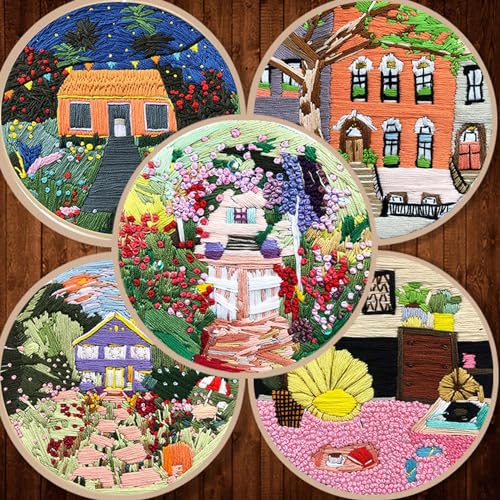 Image of Allazone 2 Sets Embroidery Kit for Beginners, Stitch Practice Kits for Craft Lover Hand Stitch with Embroidery Fabric with Stamped Pattern, Starter Stitch Kits Suitable for Adults (Garden)
