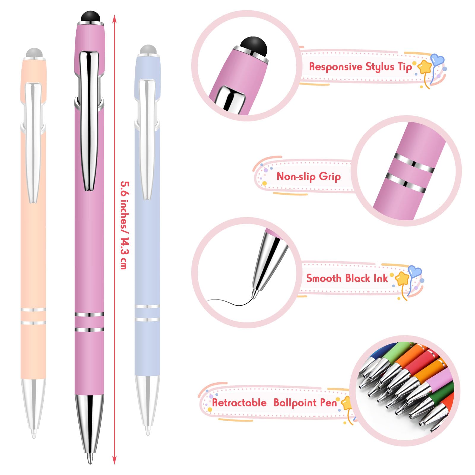 Yeaqee 200 penne a sfera con punta stilo a scatto, inchiostro nero 2 in 1, punta media da 1,0 mm, penna stilo in metallo per tablet touch screen (colori vivaci)