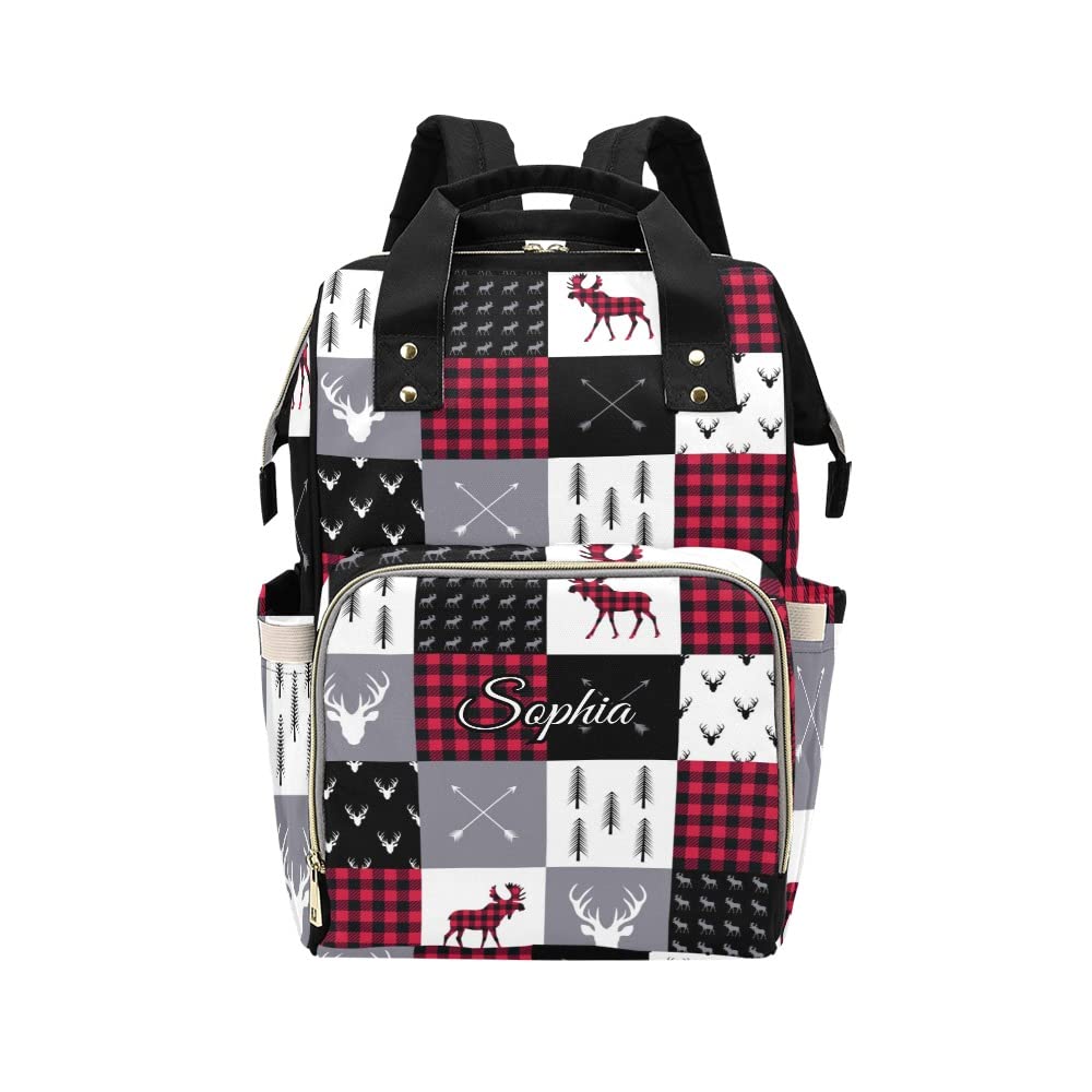 Eiis Unidesign Plaid Deer Woodland Personalized Diaper Bag Backpack with Name,Custom Tote Bag Travel DayPack for Nappy Mommy Baby Boy Girl