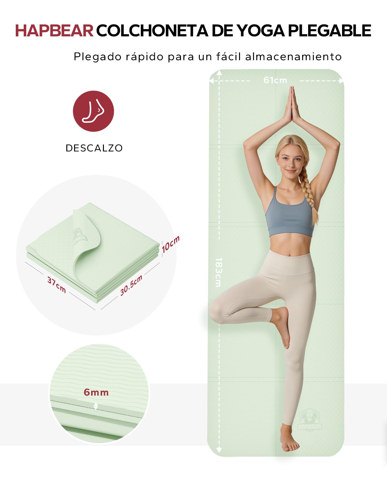 HAPBEAR Esterilla de Yoga Plegable 183x61cmx6 mm, Esterilla de Ejercicio Antideslizante de TPE para Entrenamiento en Casa, Yoga, Pilates, Estiramientos y Viajes