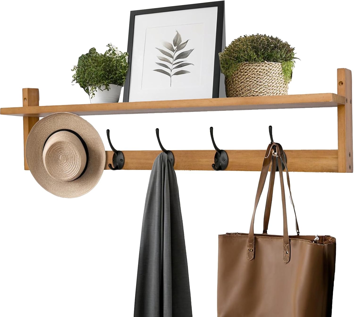 SwallowLiving 29" Wall Mounted Coat Rack with Shelf - Solid Pine Wood Entryway Organizer with 5 Metal Double Hooks – Modern Farmhouse Floating Shelf for Bathroom Towels & Living Room Decor (Brown)