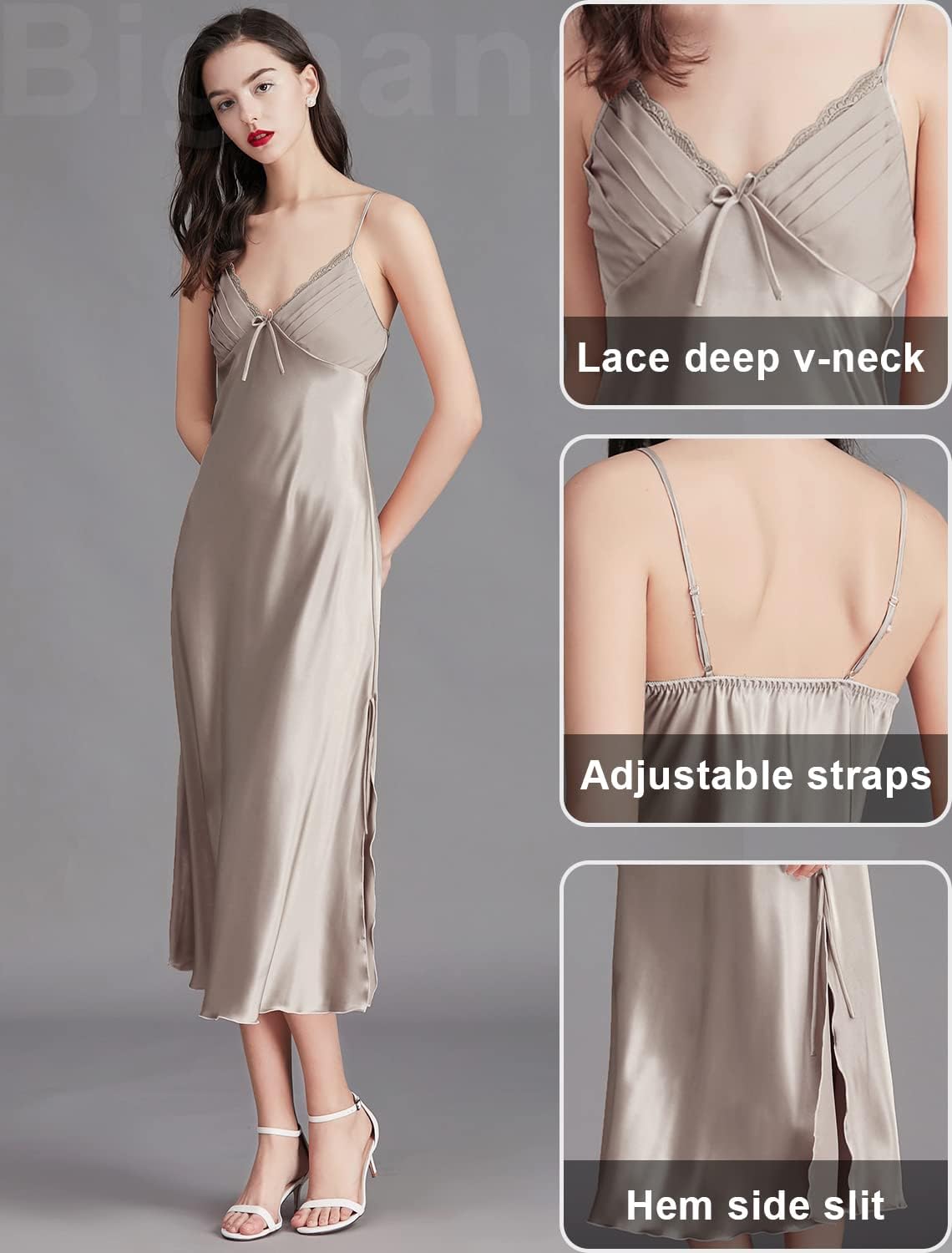IIG Womens Long Satin Full Slip Dress Adjustable Spaghetti Strap Chemise Nightgown - Image 3