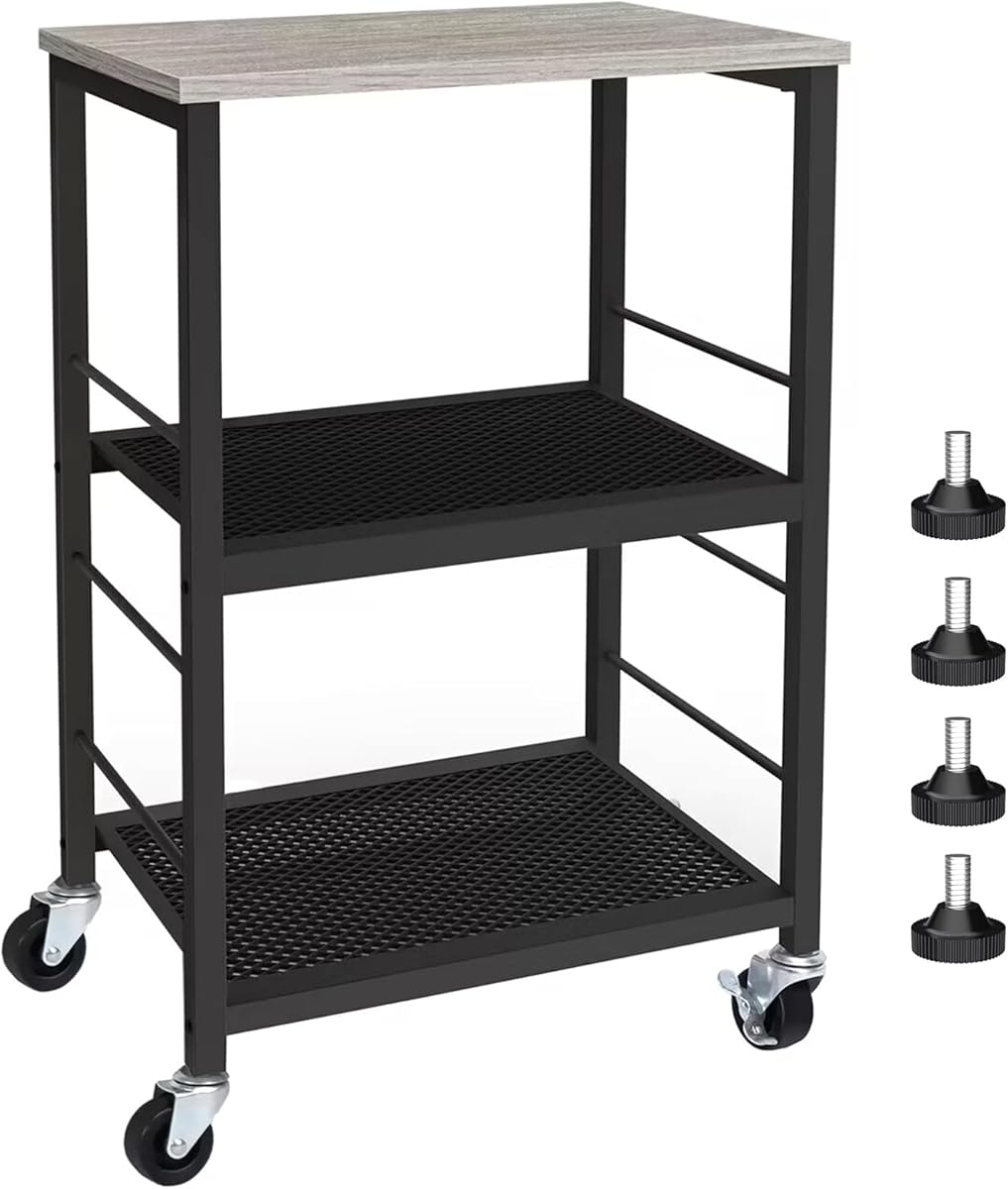 MOOACE Rustic 3 Tier End Table with Wheel,Side Table Nightstand Storage Shelf for Bedroom,Kitchen,Living Room and Office, Stable Metal Frame,Wood Top, Easy Assembly - Gray