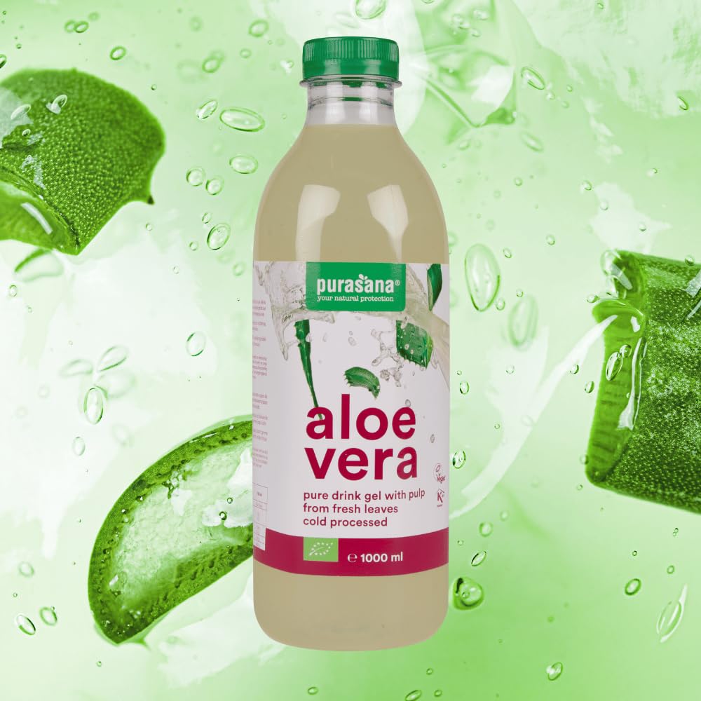 Puro Gel da Bere di Aloe Vera, Aloe biologica 99,3%. Gel estratto dall'interno della foglia. Polpa fresca. Non pastorizzato, senza acqua aggiunta. Digestione, sistema immunitario. 1 litro. Purasana