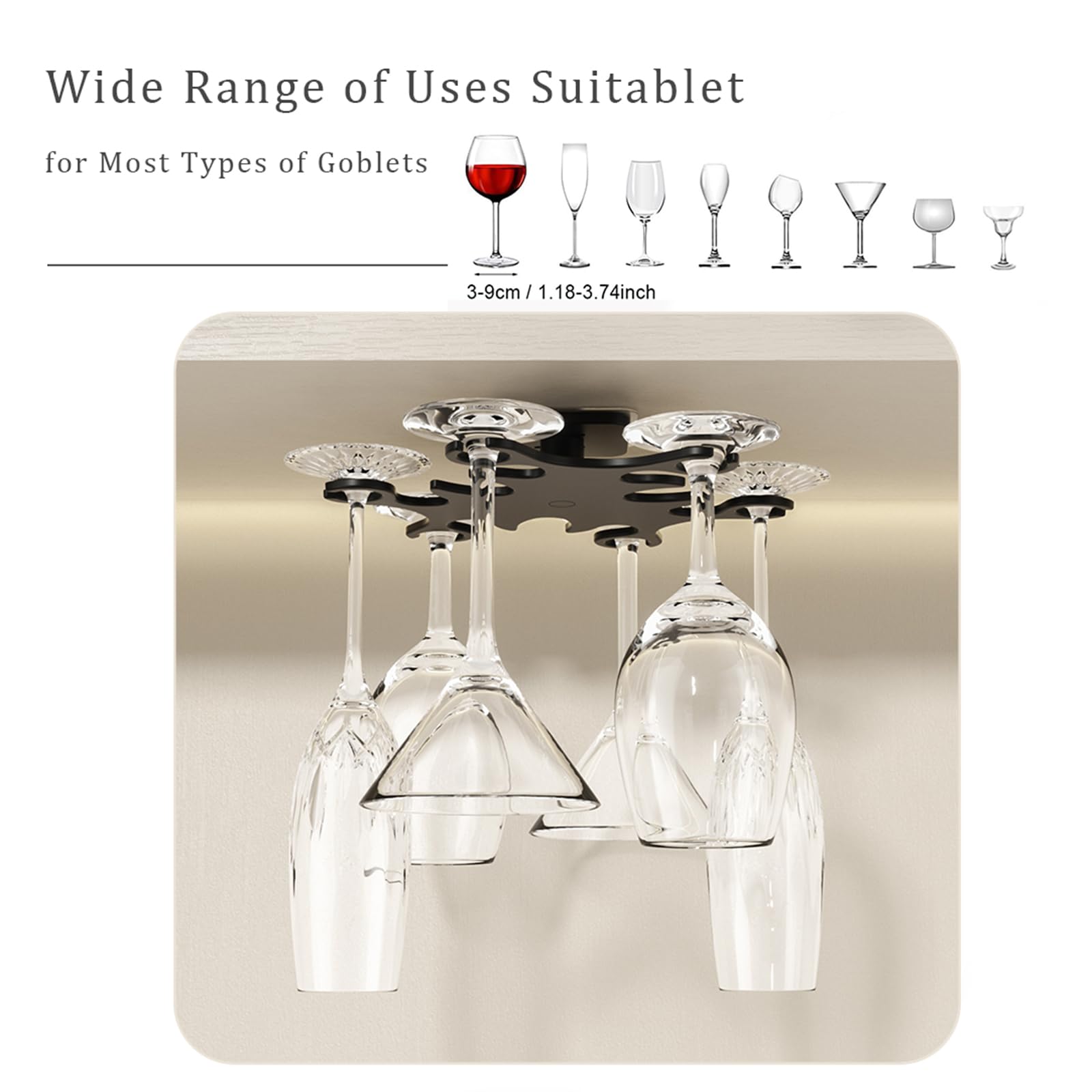 Portabicchieri Da Vino Girevole 360° Da Sotto Mensola – Regge 6 Bicchieri, Installazione Senza Viti O Con Viti, Nero