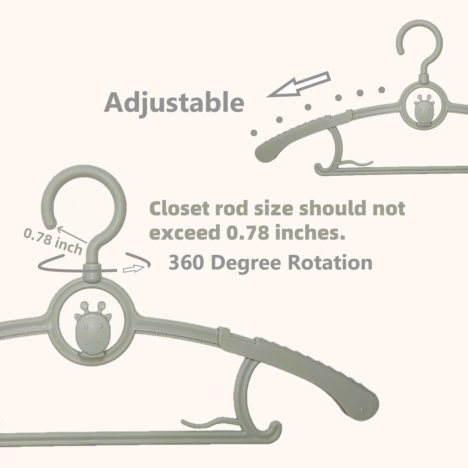 Baby Hangers 50 pcs, 360° Swivel Hook, Adjustable Kids Hangers According to Clothing Size, Suitable for Babies and Children (Gray)