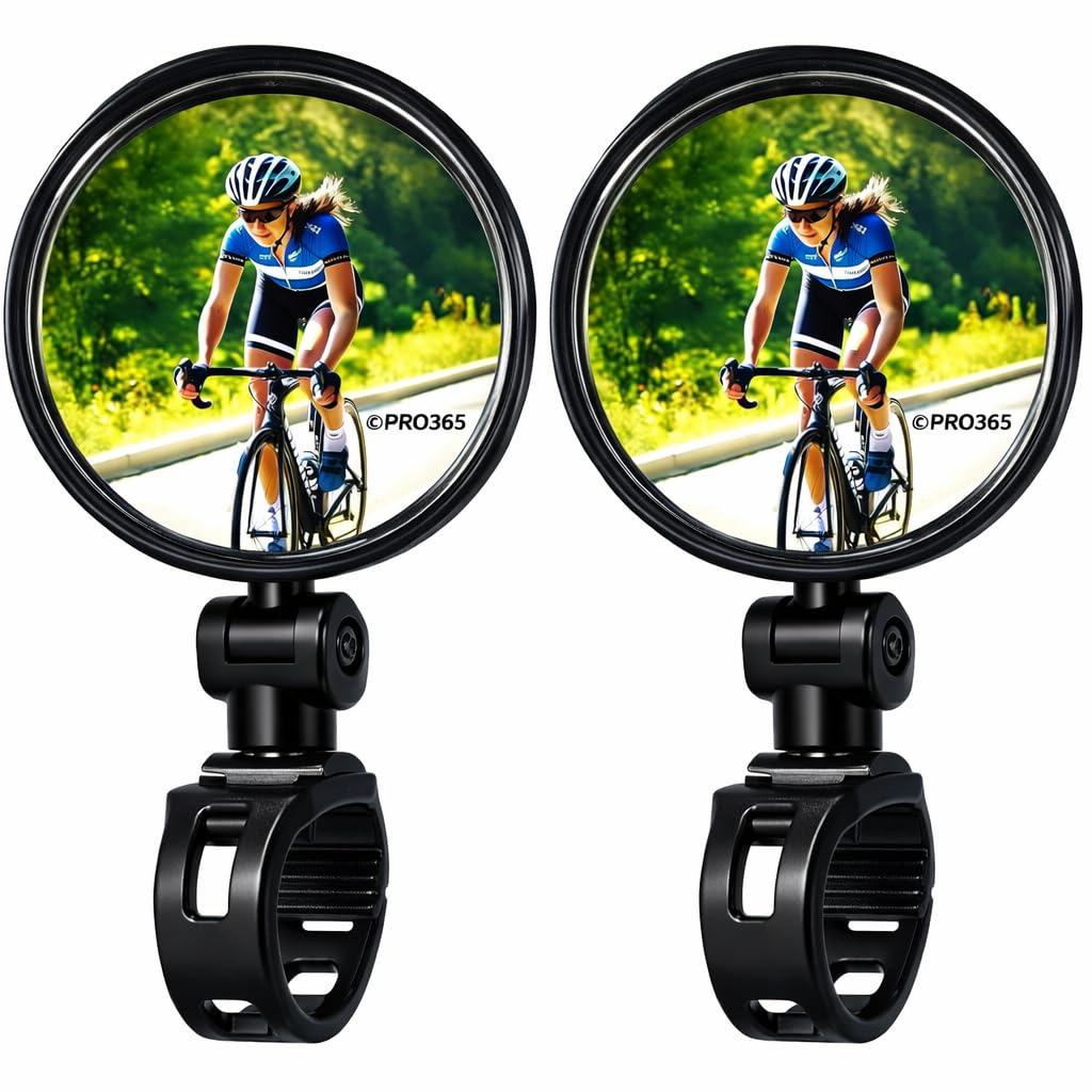 PRO365 Bicycle Rear View Mirrors 6 Months Replacement Warranty with Protective Film Adjustable 360° Handlebar Convex Mirror (2 Pieces)