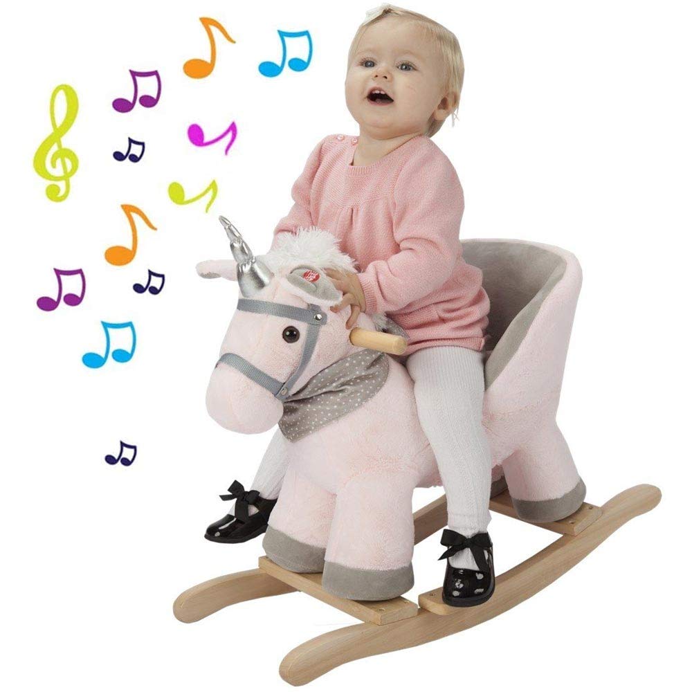 Bakaji Unicorno a Dondolo Cavalluccio Cavalcabile Peluche Giocattolo per Bambini con Effetti Sonori Maniglie e Cintura di Sicurezza Rosa