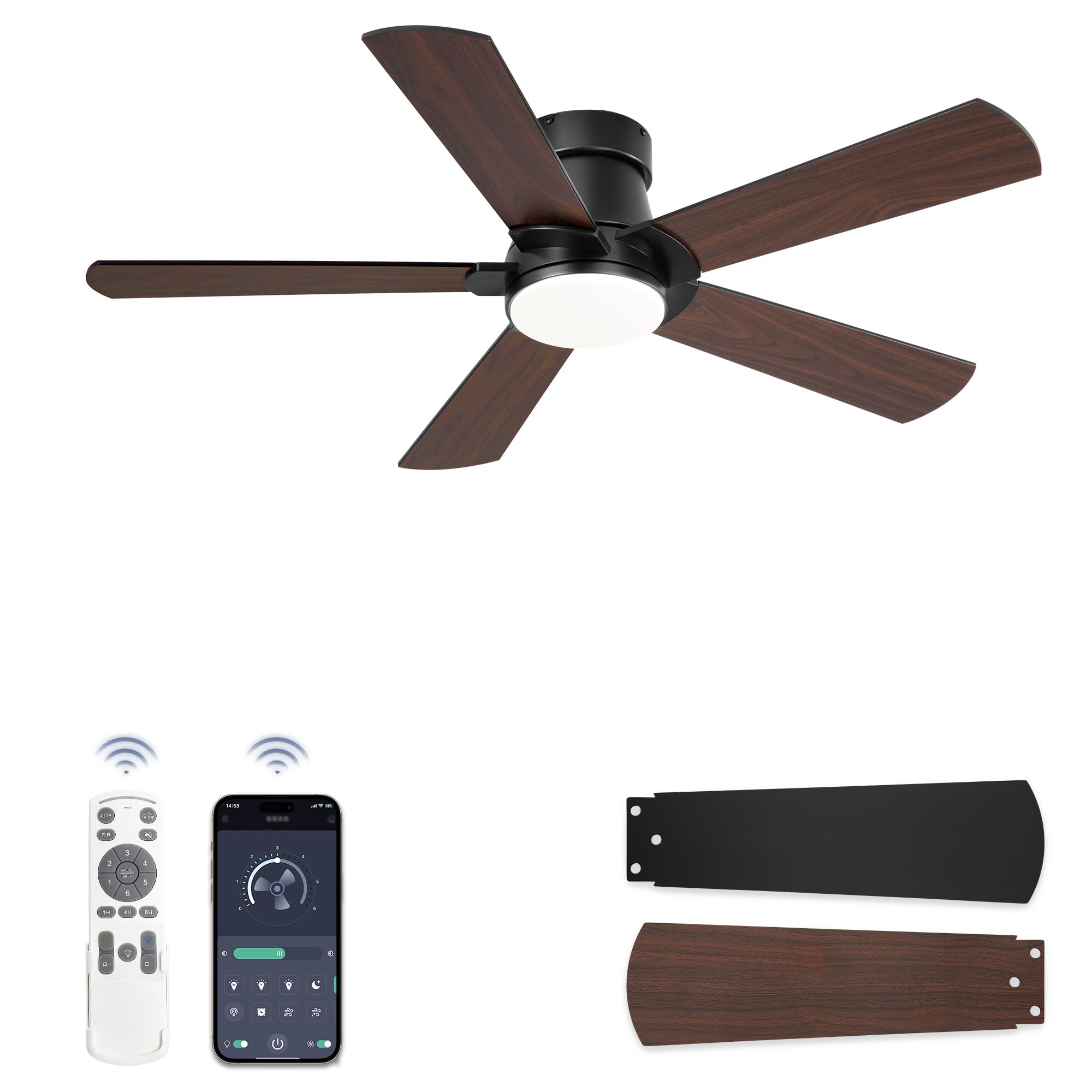 ZMISHIBO Ceiling Fan with LED Light Ø 106 cm, Black with Walnut Blades, Low Profile, APP and Remote Control, Silent DC Motor, 6 Speeds, Reversible Function, 10-100% Dimmable