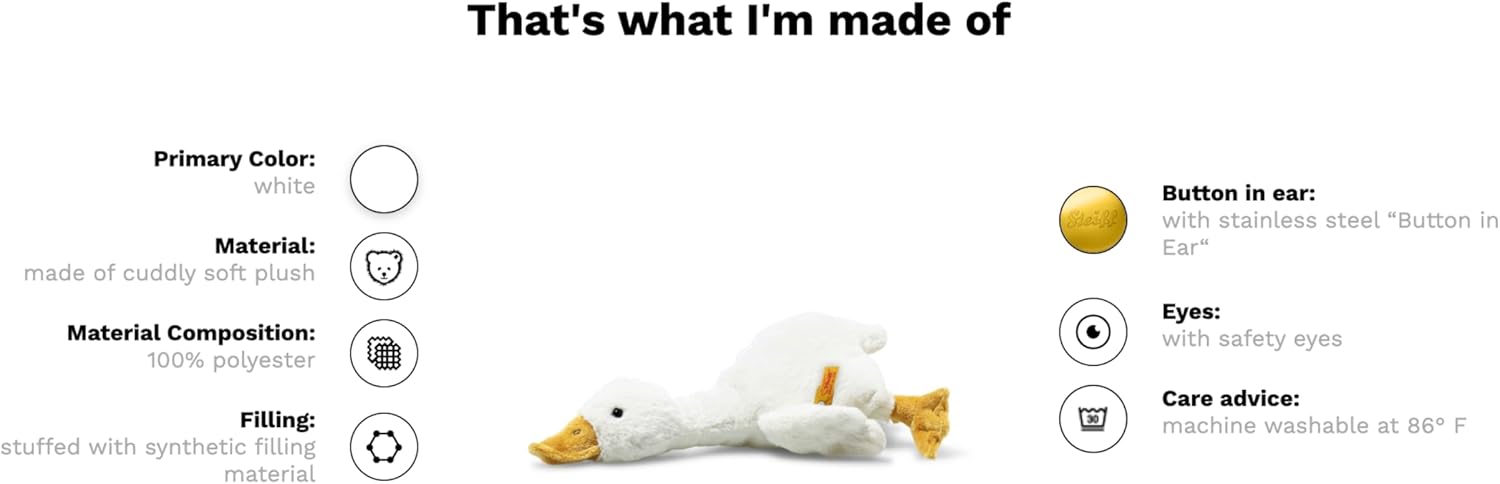 Steiff Gilda Goose Plush Stuffed Animal Toy Friend, White, 10"