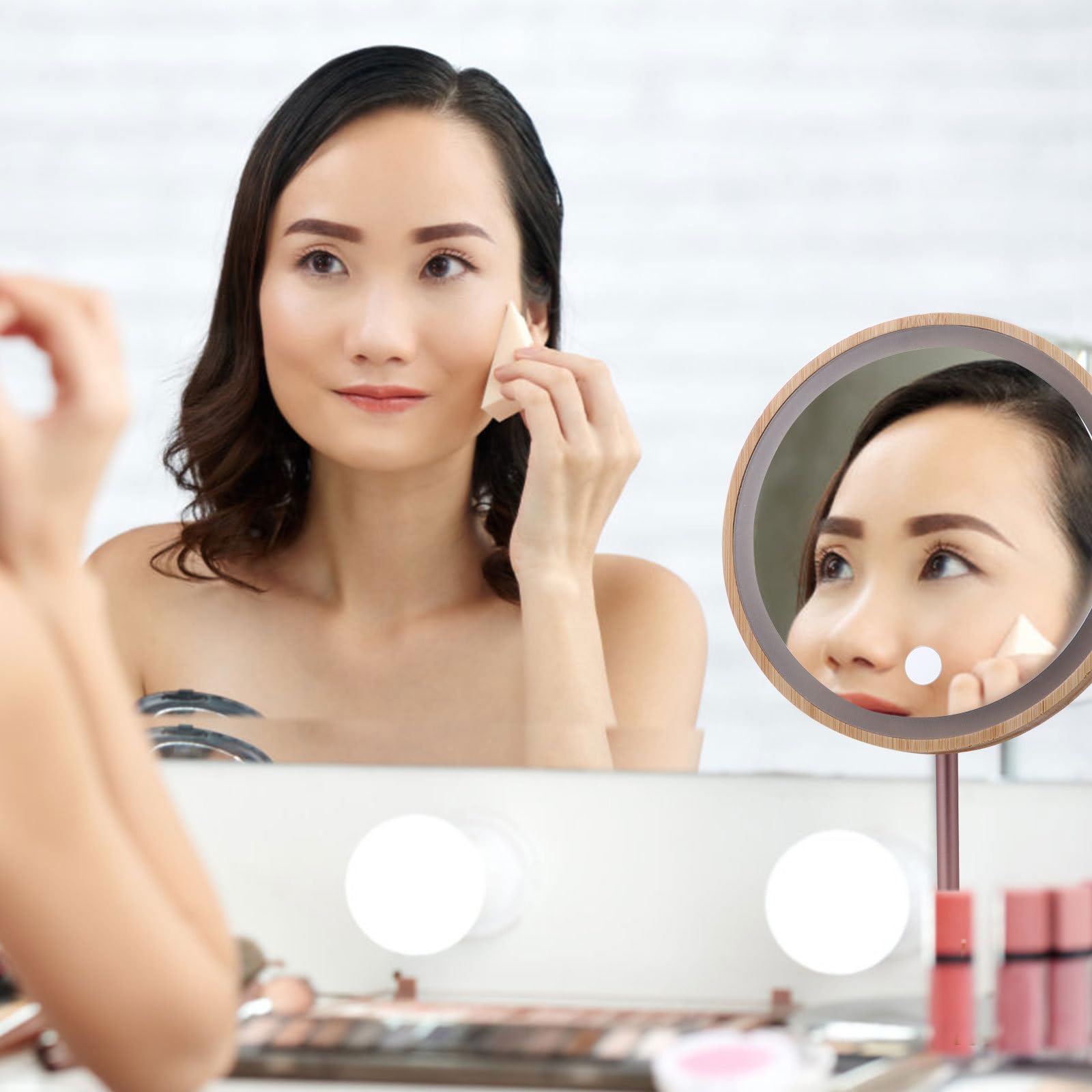 Genérico Espejo y Madera Beige Material Sintético de Maquillaje LED con Base Estable y Diseño Táctil Adecuado para Maquillaje Diario y Obsequio Elegante