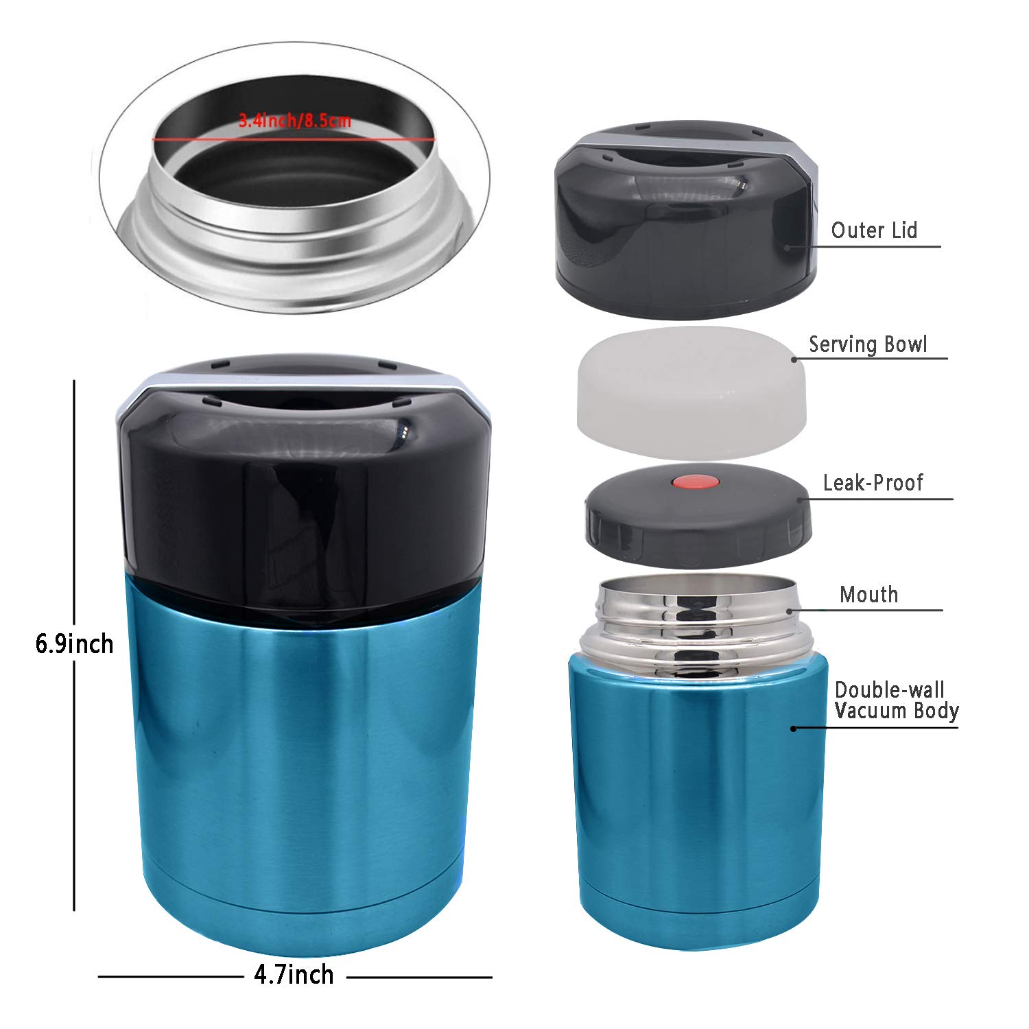 Bocal Alimentaire Isotherme 800ml Acier Inoxydable - Garde Chaud/Froid 10h