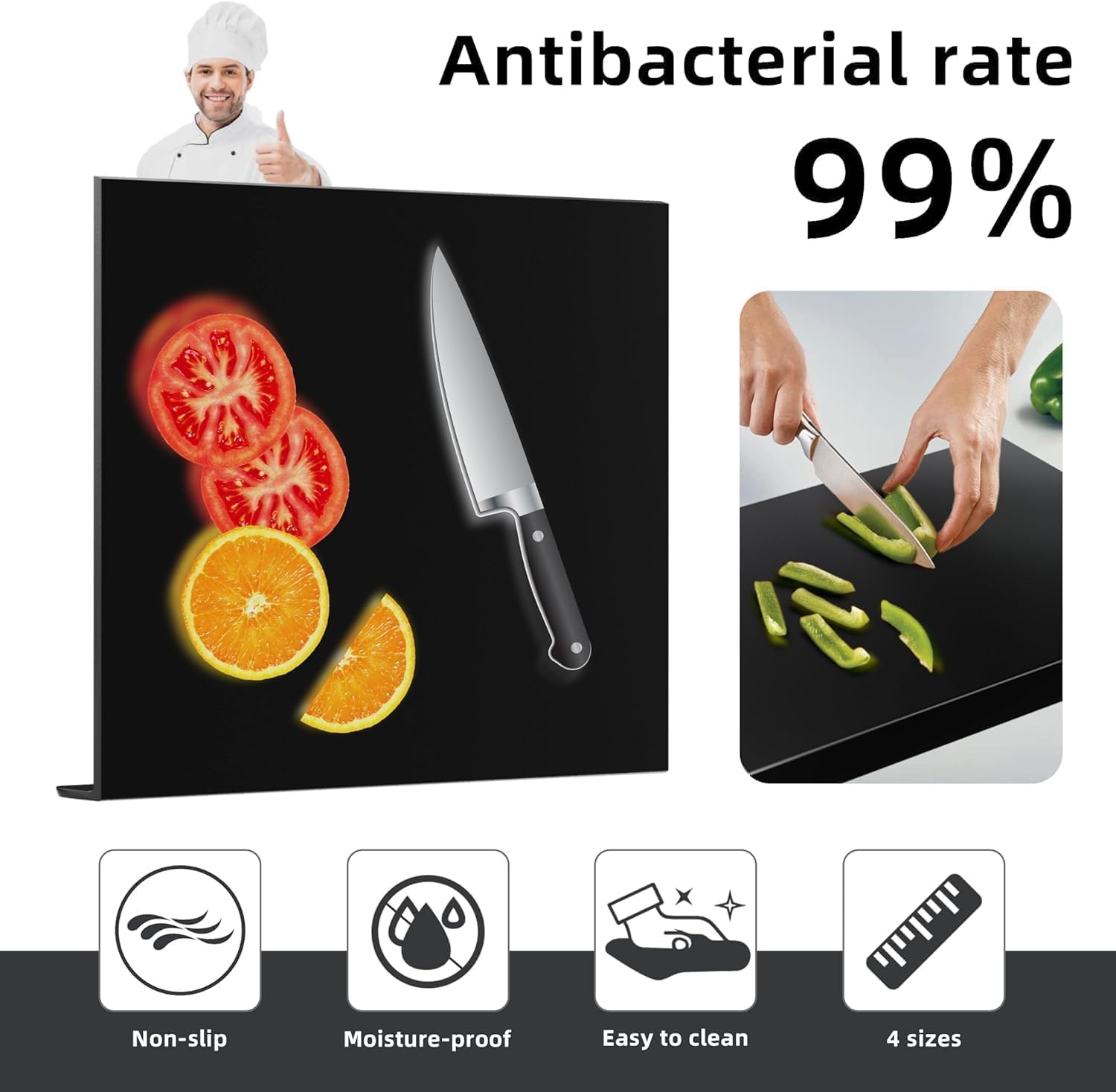 Tabla de cortar de acrílico, tabla de cortar de cristal, transparente, tabla de cortar de cocina, protector de encimera con borde de tope, tabla de cortar antideslizante para encimera de cocina (negro