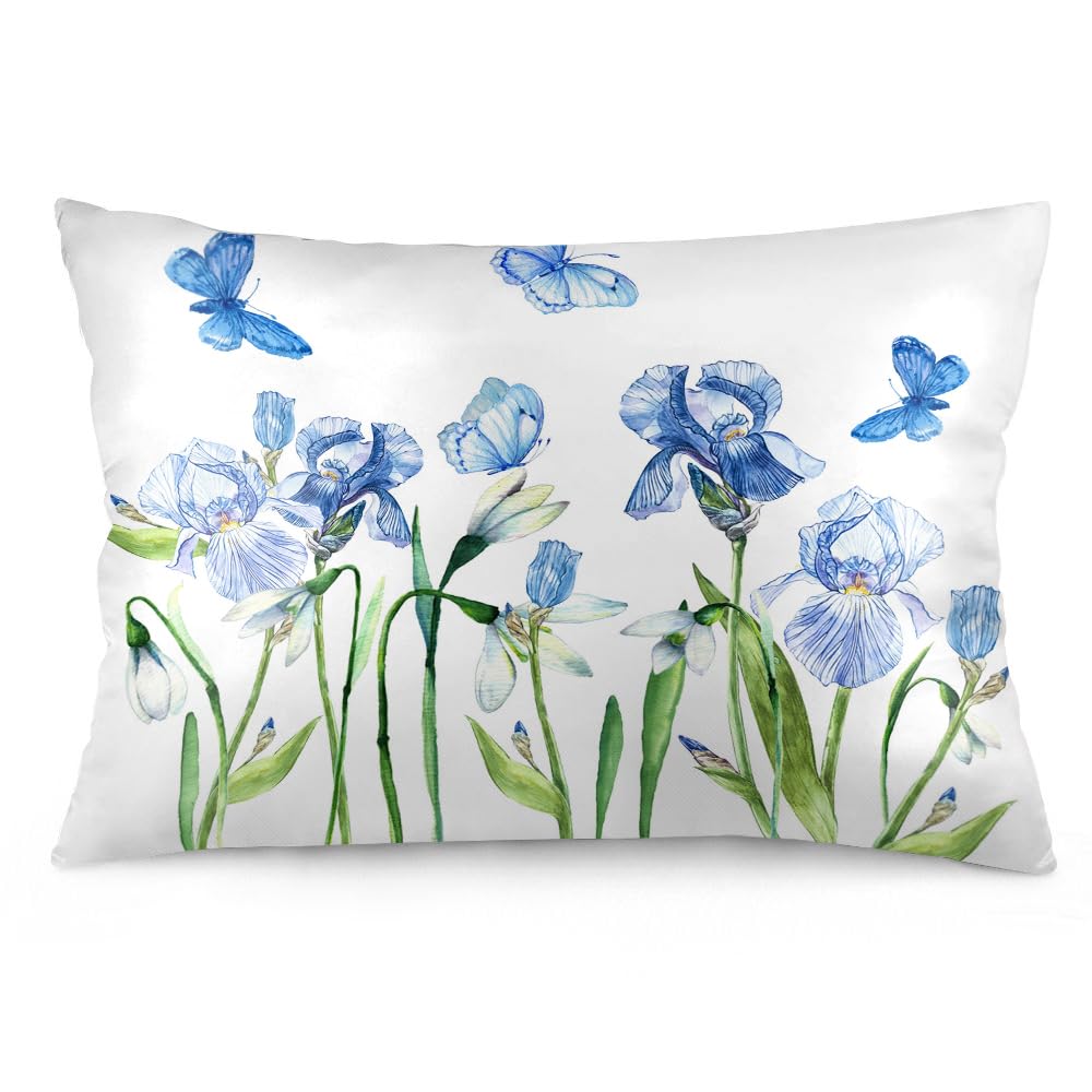 Easternproject Watercolor Flowers Pillow Cases King Size Decorative Blue Floral Blossom Butterfly Pillowcases Spring Holiday Bed Pillow Covers Soft Cushion Case Rectangle Oblong 20x36 Inch
