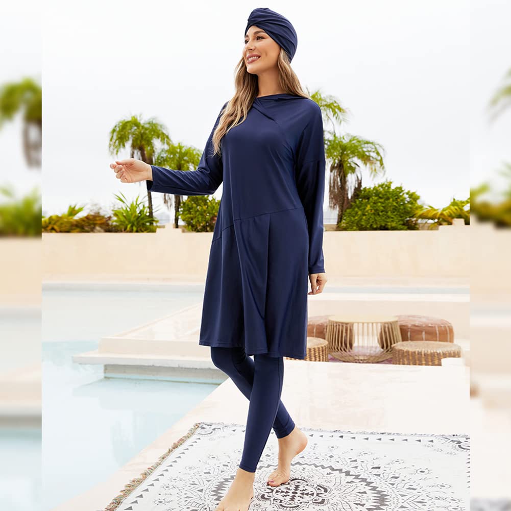 Odizli Burkini Damen Muslim Langarm Lang Badeshirt+Badehose+Badekappe 3tlg Badeanzug Ganzkörper Bademode