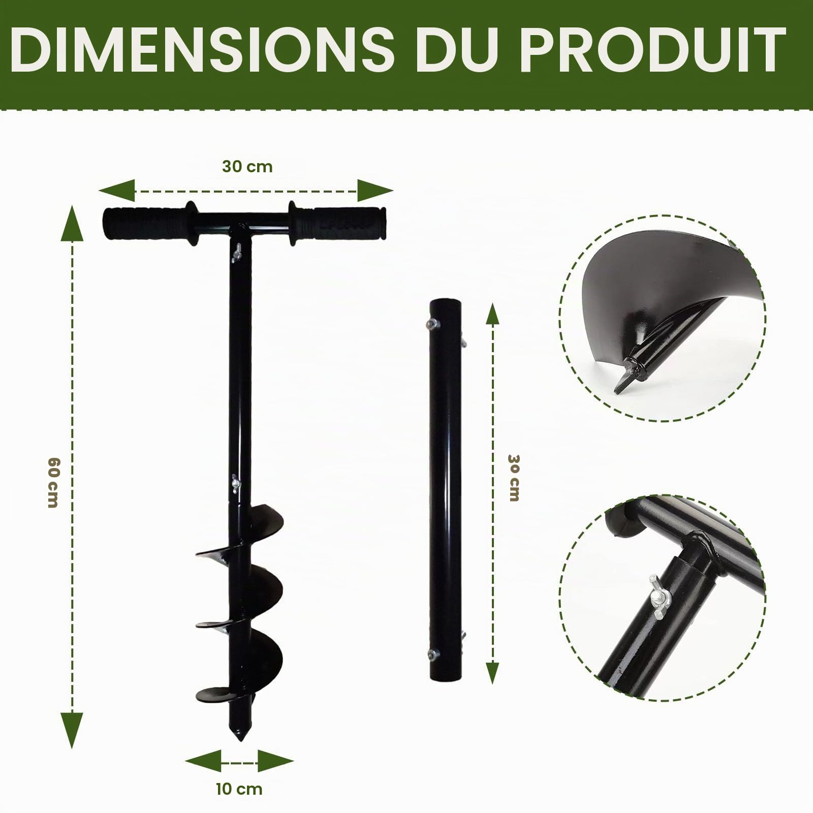 Tel Charme - Tarière de jardin pour perceuse manuelle - 10 x 60 cm - Tarière de jardin pour bulbes de fleurs, fleurs, plants, poteaux de clôture pour arbres, boîte aux lettres, outil de creusement