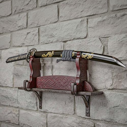 Miniatura 8 de Espada de un solo nivel hecha a mano de madera maciza auténtica, soporte para hacha con diseño de serpiente vikinga grabada, 17 x 8 pulgadas