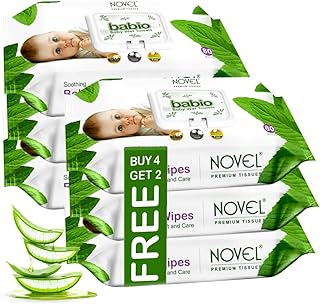 Novel Baby Wet Wipes 80 Wipes x Pack of 6 (480 Wipes) | Aloe Vera, Chamomile, Jojaba Oil, Vitamin E Enriched | pH Balance... Price In India