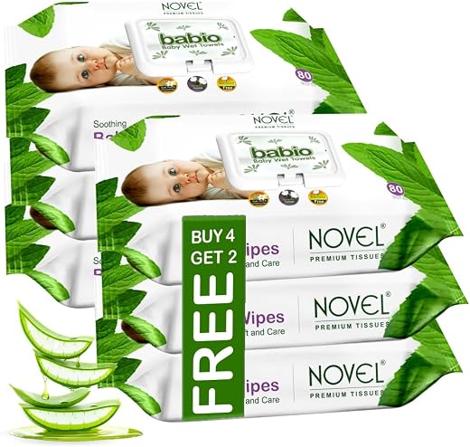 Novel Baby Wet Wipes 80 Wipes x Pack of 6 (480 Wipes) | Aloe Vera, Chamomile, Jojaba Oil, Vitamin E Enriched | pH Balance...