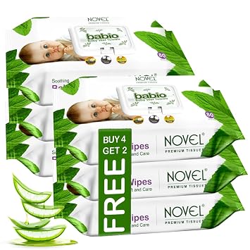 Novel Baby Wet Wipes 80 Wipes x Pack of 6 (480 Wipes) | Aloe Vera, Chamomile, Vitamin E Enriched | pH Balanced, Alcohol, Hypoallergenic & Paraben-Free | Soft Gentle Baby Wipes with Lid