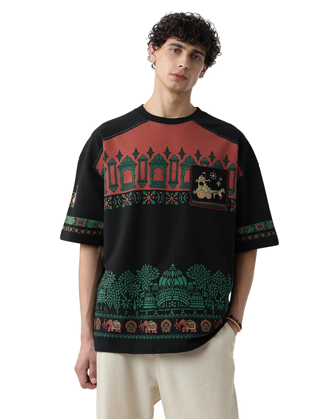 Kurukshetra Men and Boys Short Sleeves Round Neck Black All Over Printed Cotton Super Oversized T-Shirts