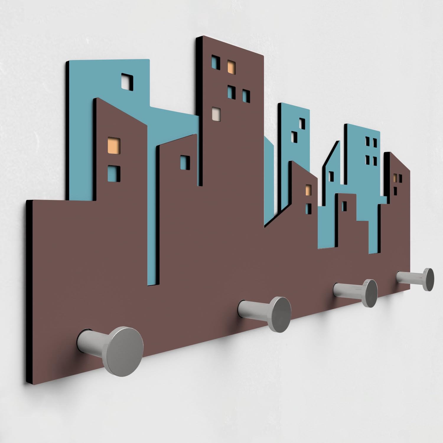 Giallobus - Appendiabiti da parete 4Me - 13 - Skyline Palace - Legno Mdf + Alluminio - 60L x 25l cm - 03 - M - Attaccapanni da Muro con 4 Ganci in Alluminio e Legno