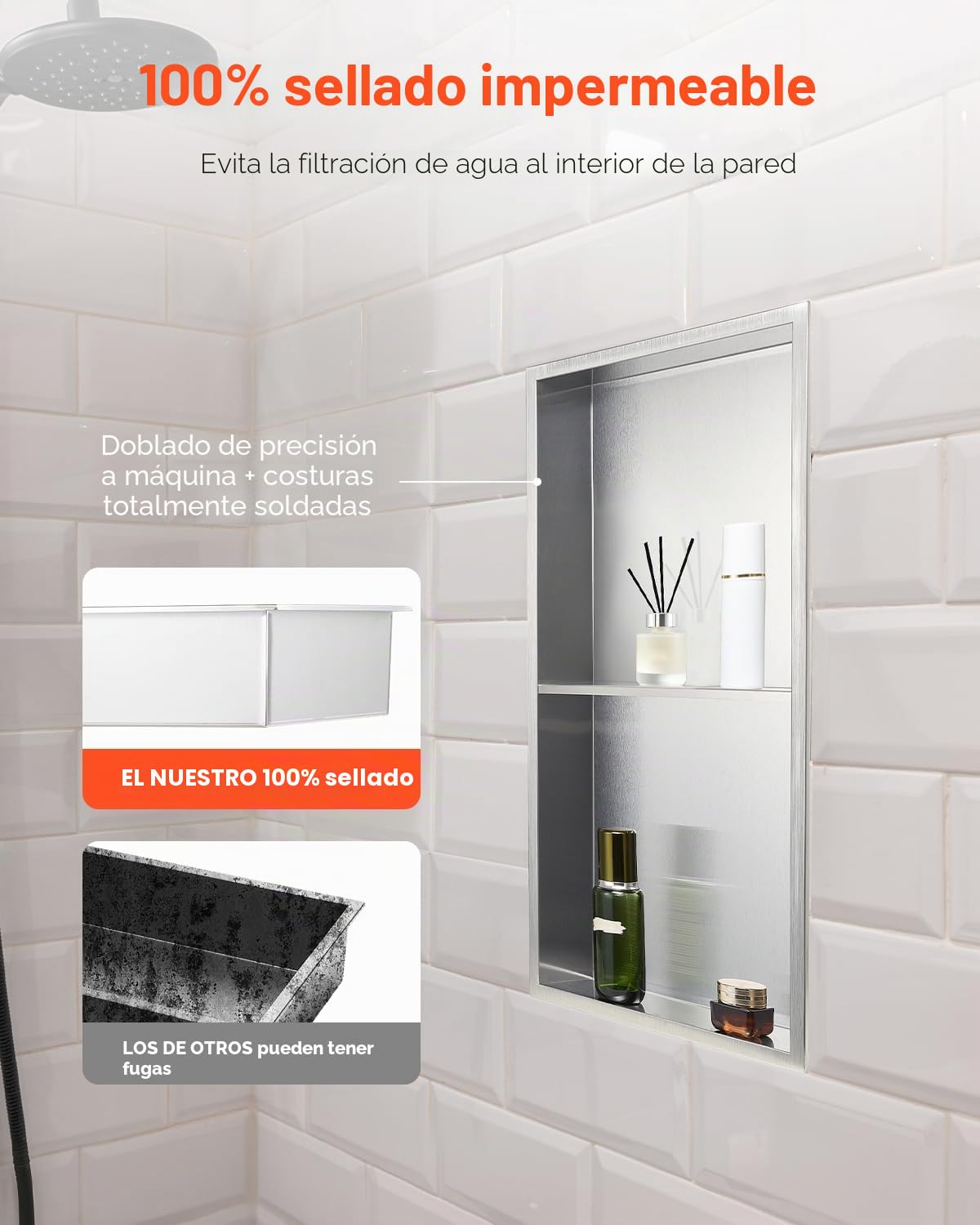 VEVOR Nicho de Ducha Empotrado 33x63,5x10,2 cm Estante Divisor de Pared de Acero Inoxidable Organizador de Jabón y Champú con Marco Sellado Impermeable Duradero Fácil de Instalar para Baño, Plata