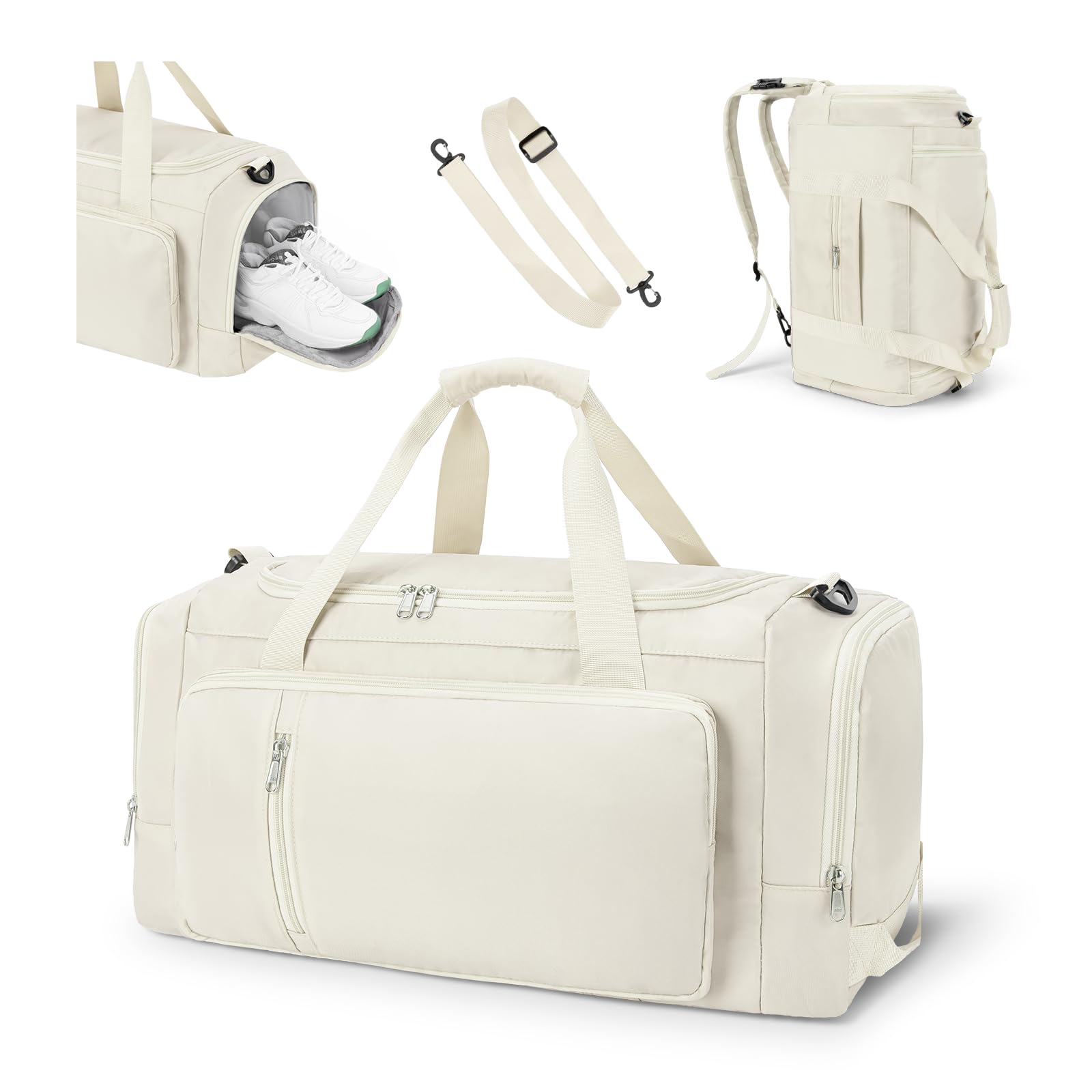 Sports Gym Bag Duffle Bag with Shoes Compartment for Womens Mens, CS COSDDI Weekend Travel Bag Overnight Bag with Wet Pocket, Luggage Bag Hospital Bag Holdall Bags with Shoulder Strap Backpack (Beige)