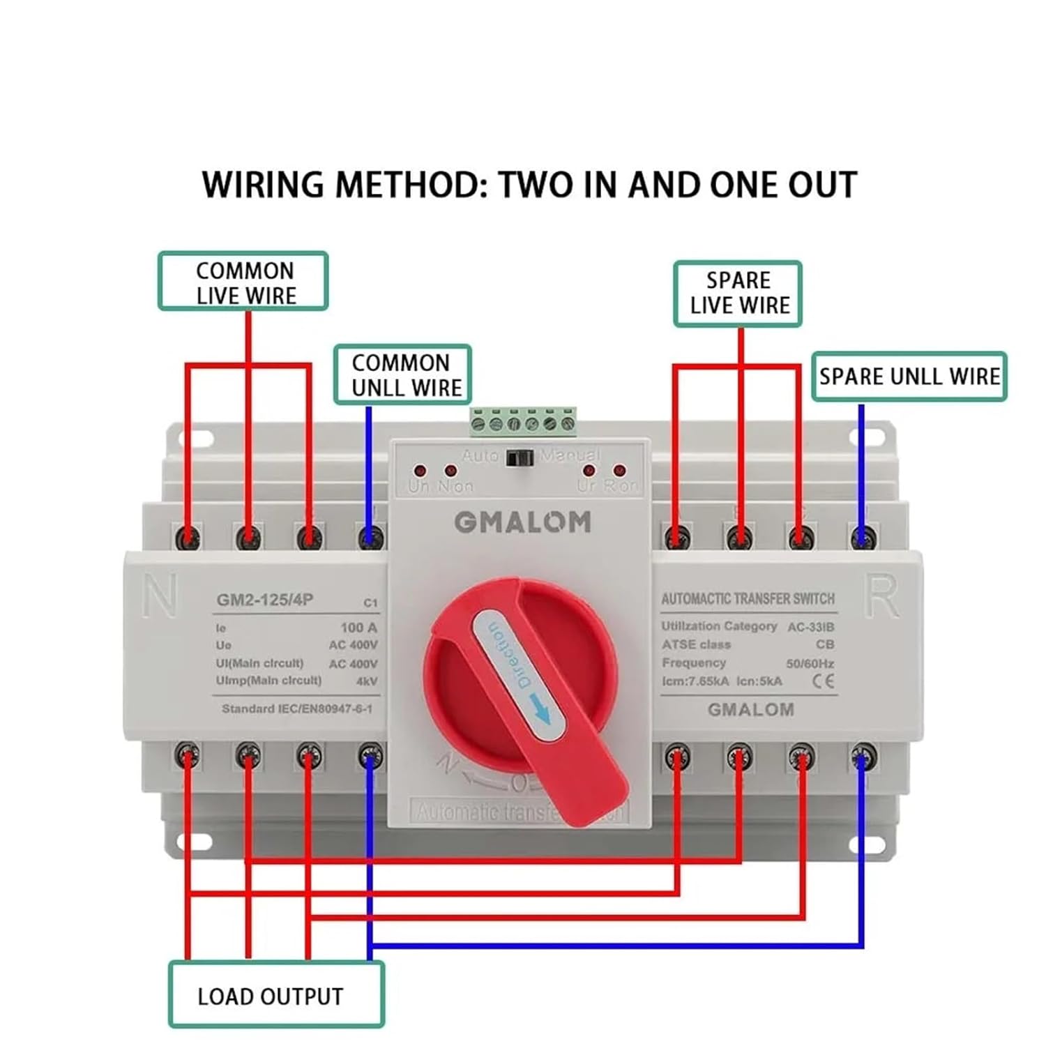 ATS Transfer Switch CBlevel 2P 4P 63A 100A 220V 50/60Hz Dual Power Manual Changeover Switch Circuit Breaker(220V 4P,100A)