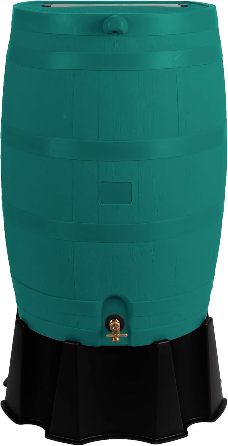 RTS Home Accents 50-Gallon Rain Barrel, Flat Back Rain Water Collection Barrel, Stand Included, Green
