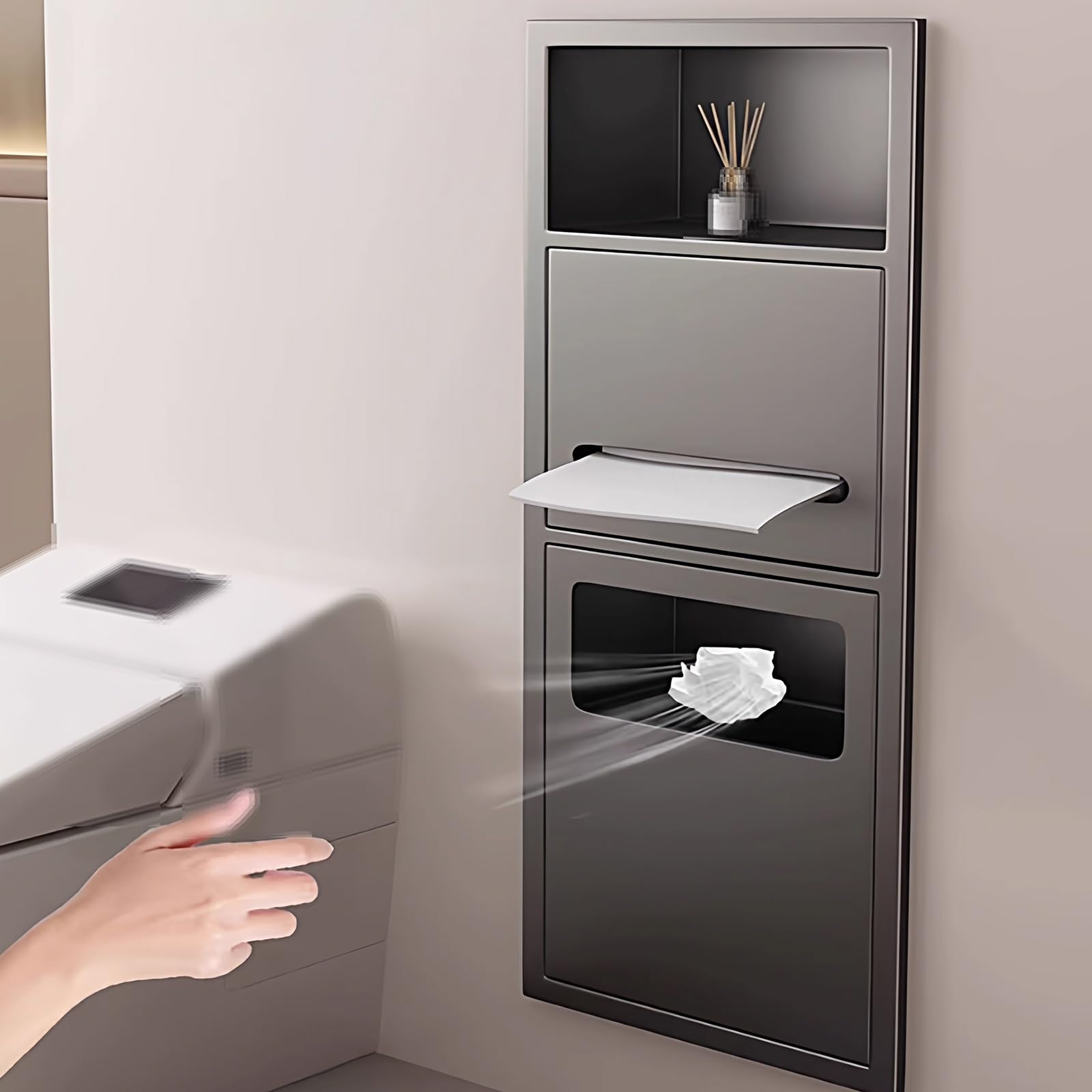 Soporte para papel higiénico con estantes de almacenamiento y cubo de basura extraíble, acero inoxidable 304, soldadura sin costuras para baños y hoteles