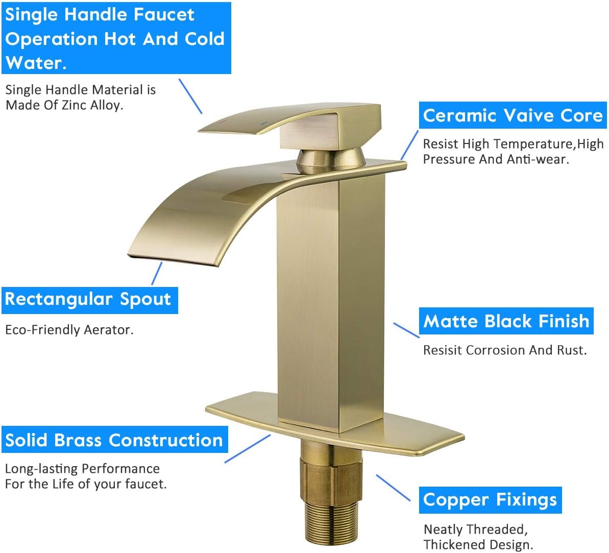 Buy 2 get 3 FRUD Gold Waterfall Spout Bathroom Faucet Single Handle Bath Vanity Sink Faucet Brass Commercial Rv Lavatory Basin Mixer Faucet with Deck Mount,Water Supply Hoses Included,Spain Ceramic Valve