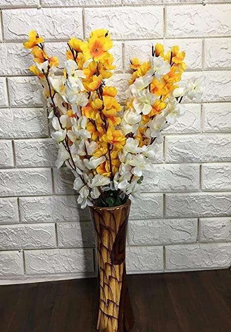Image of Coolkart Artificial Orchid Flowers, White & Yellow, Set of 2 Bunch | 14 Sticks, Home Garden Indoor /Outdoor Decoration, Made in India