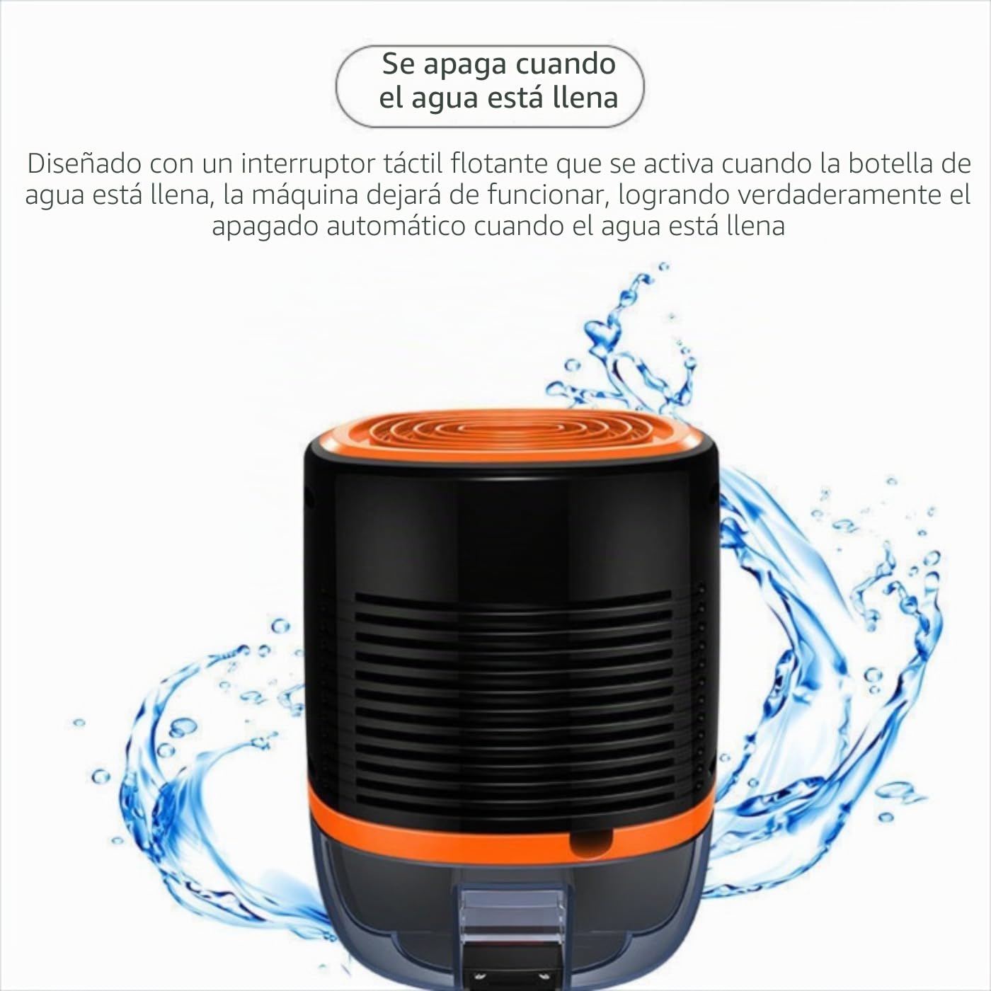 Deshumidificador portátil con tubo de drenaje, negro y naranja, apagado automático, sistema de purificación 3 en 1 para temporada de lluvia, drenaje continuo