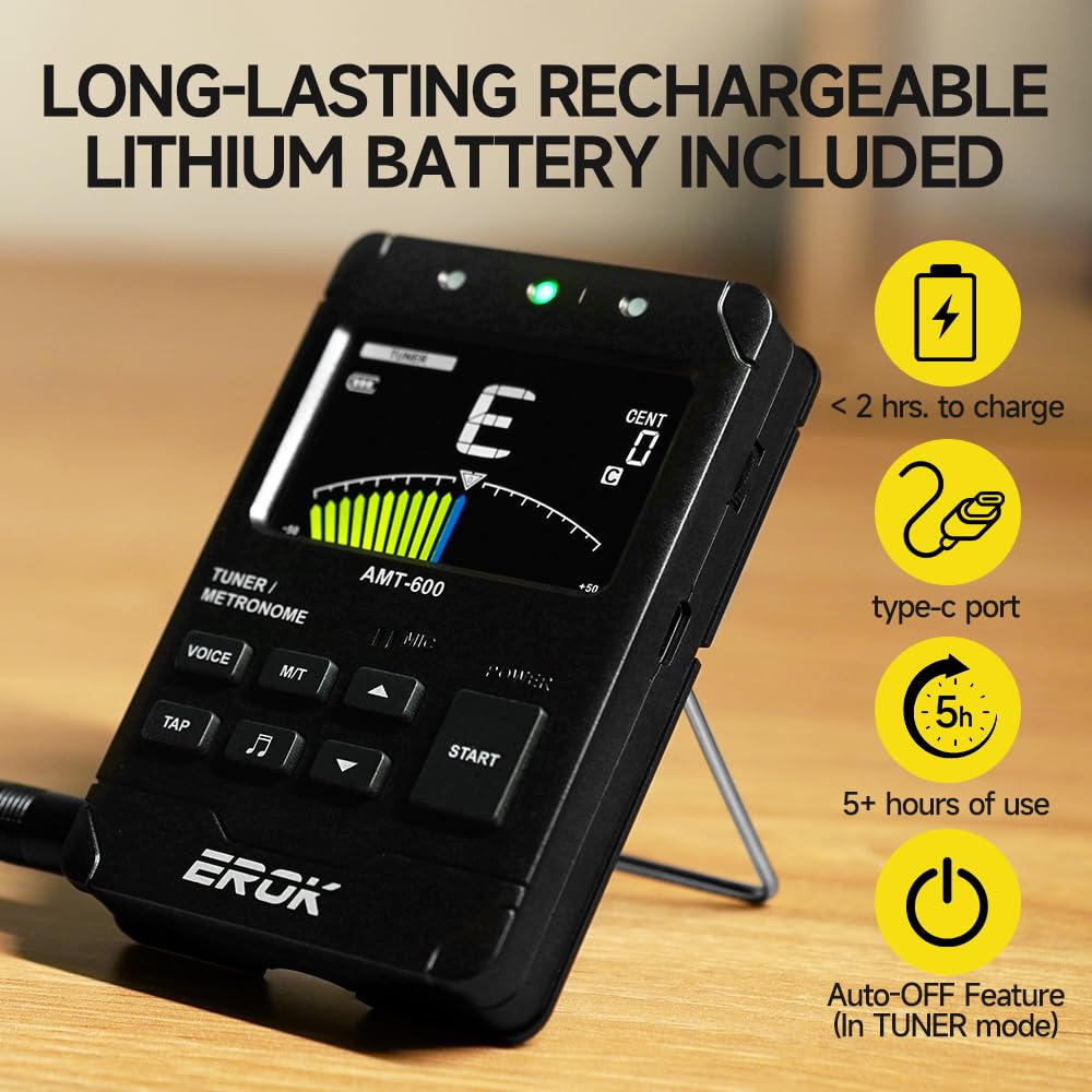 EROK Metrónomo y sintonizador digital recargable, todo en uno con salida de auriculares estéreo, contador de voz, apto para guitarra, bajo, violín, instrumentos de cuerda (negro)
