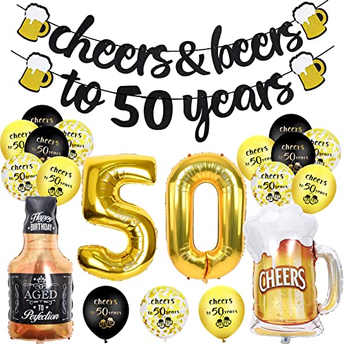 Deko 50. Geburtstag Mann, 50. Geburtstag Deko für Männer Frauen, Happy Birthday Geburtstagdeko mit Jubel Banner, Nummer 50 Folienballons, 50. Schwarz Gold Luftballons Konfetti Luftballons