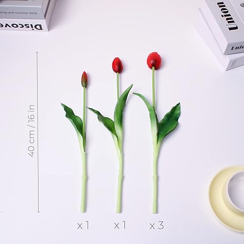 Miniatura 2 de Tulipanes falsos de tacto real premium de 16 pulgadas, flores artificiales con brotes, tallo flexible fácil de moldear, tulipanes falsos (jarrón no