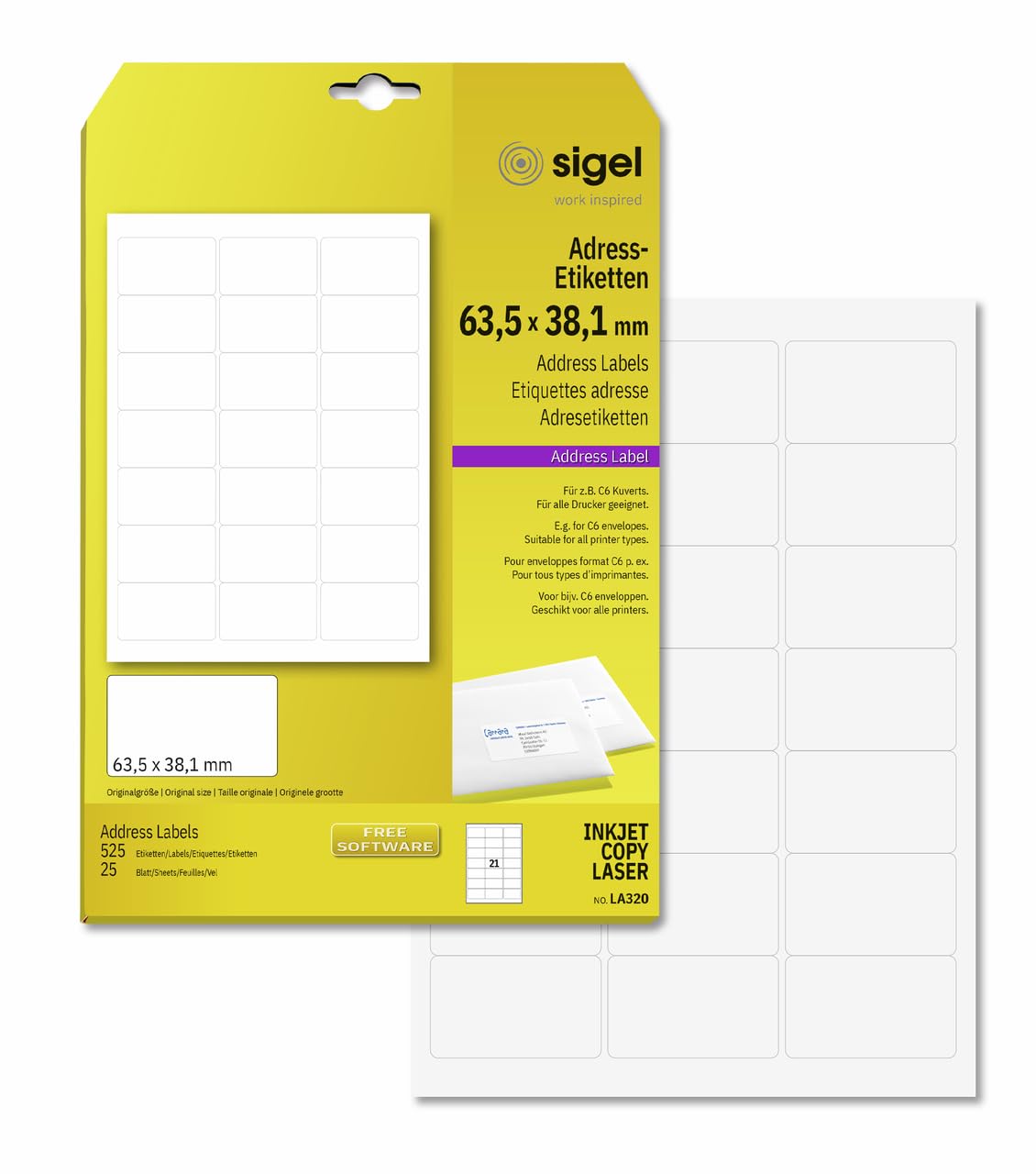 SIGEL LA320 Abgerundete Adress-Etiketten, selbstklebend, 63,5 x 38,1 mm, 525 Stück (25 Blätter), Weiß