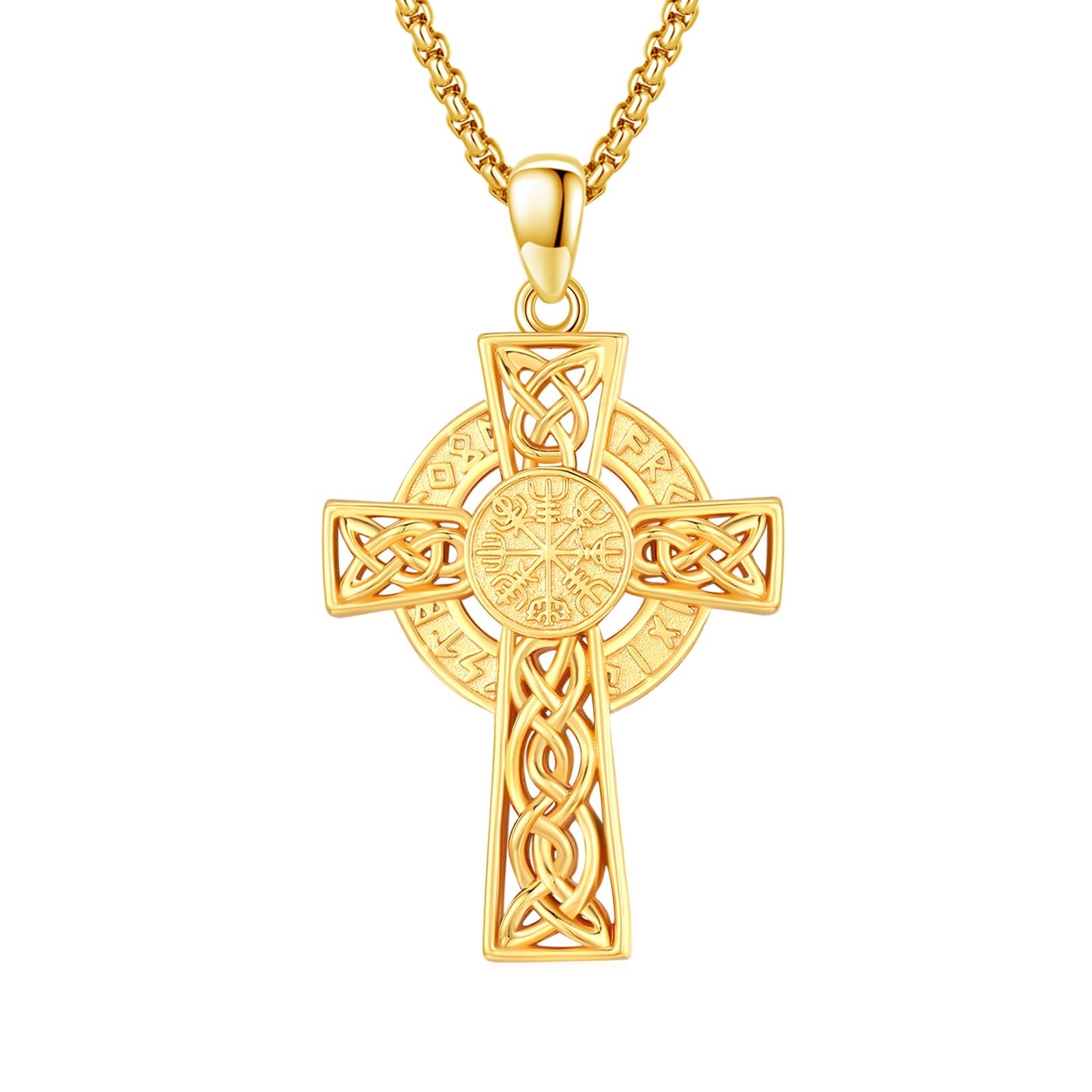 REDSUN Collier en argent sterling 925 plaqué or - Croix celtique Vegvisir avec chaîne - Amulette nordique - Cadeau pour homme, femme, garçon, petite amie - Unisexe