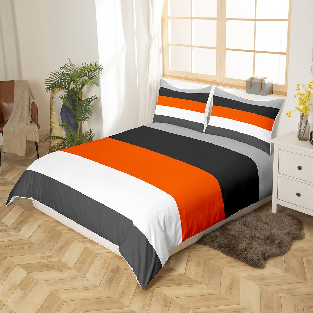 Loussiesd Kids Geometric Abstract Bedding Set Grey Orange Stripes Lines Duvet Cover for Kids Women Men Bedroom Modern Square Decor Comforter Cover Set Decor Bedspread Cover Single Size Bedclothes - Image 3