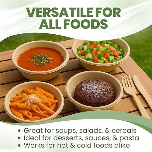 Miniatura 3 de Dtocs Cuencos desechables de fibra de bambú – 20 oz, 50 paquetes | Cuenco redondo de bambú | Cuenco de bagazo apto para microondas para sopa,