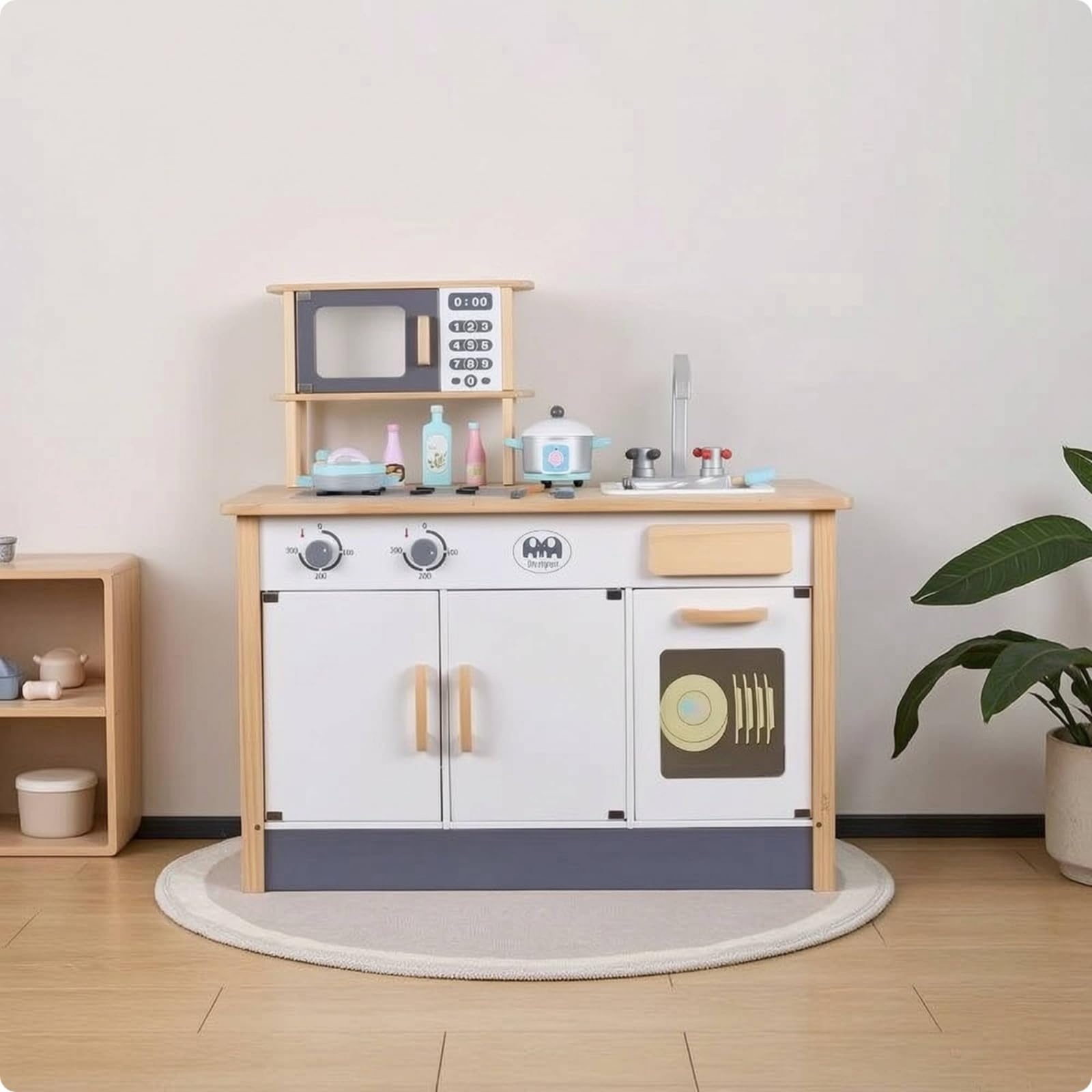 Cocina Juguete Estante y Armario Inferior con Puertas Incluye Utensilios Colgantes para Cocinar Acuado para Niños y Niñas en Habitación Infantil