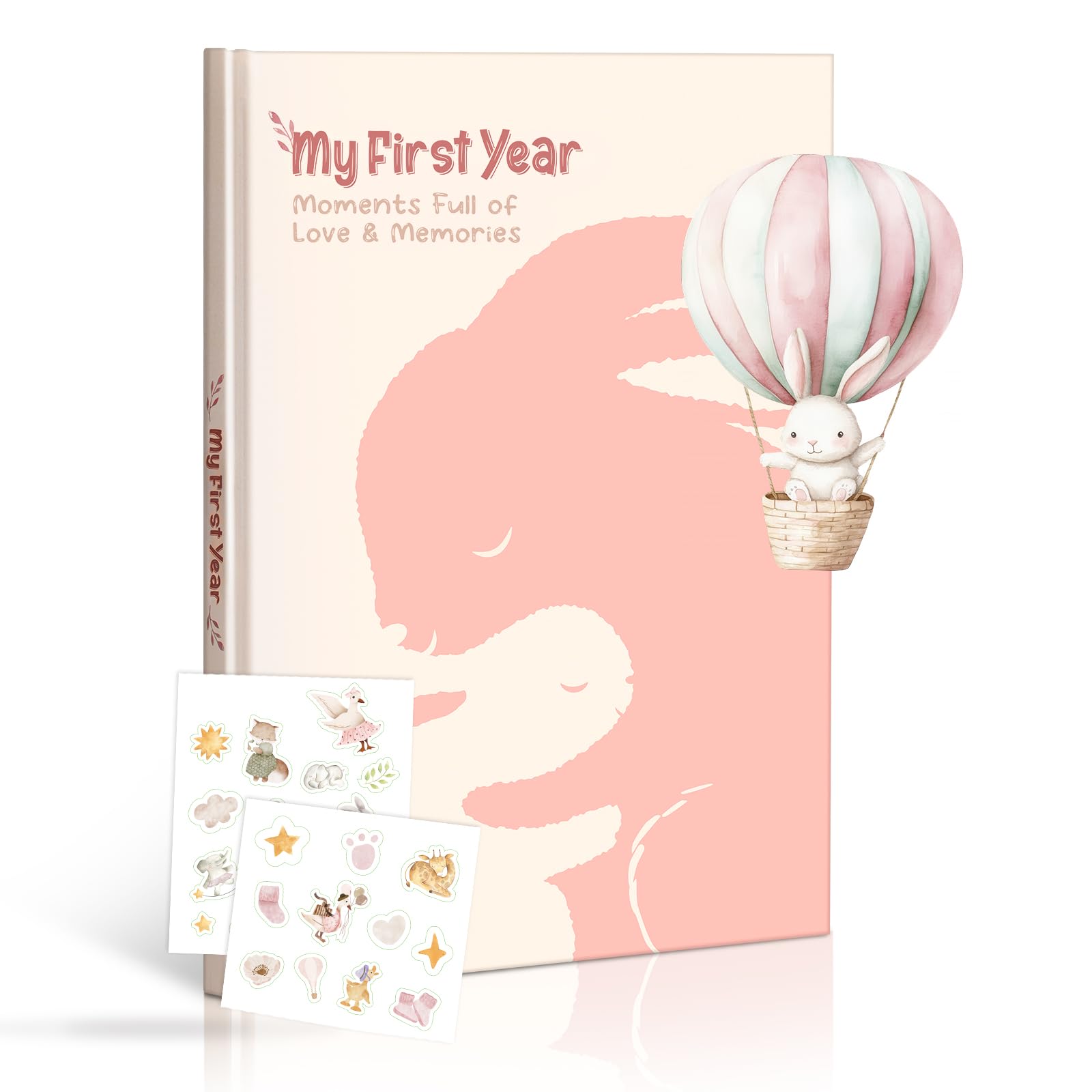My First Year Baby Memory Book, A4 Diary & Keepsake Album with Sweet Rabbit Design, Includes 25 Stickers
