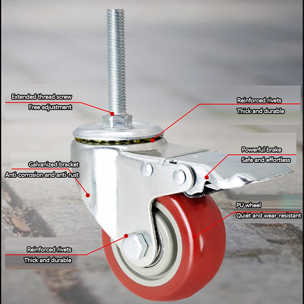 Ruote girevoli M12 x 60 mm con filettatura lunga, 3, 4, 5 ruote per ponteggi resistenti, 500 kg, silenziose, con freno, girevoli, per mobili, carrelli da trasporto industriali, banco da lavoro, 4 pezz