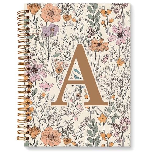 JXREQ Vintage Boho Floral Personalized Notebook, Initial Letter A Notebook