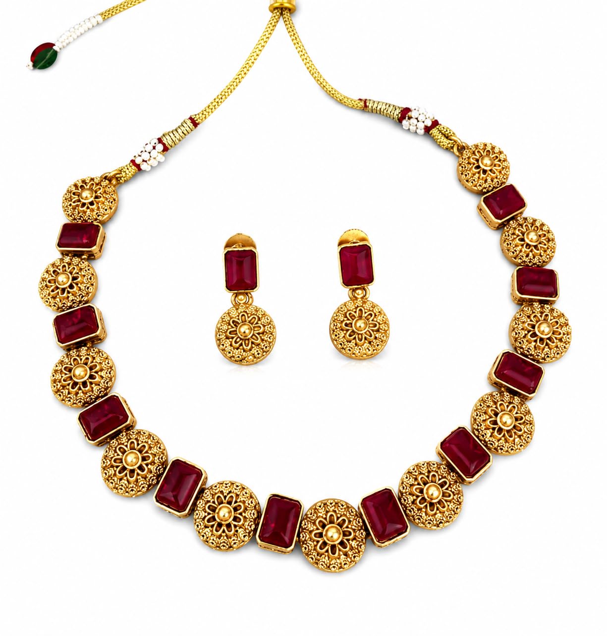 Gold-Toned Floral Ruby Stone Necklace Set with Earrings-image-48