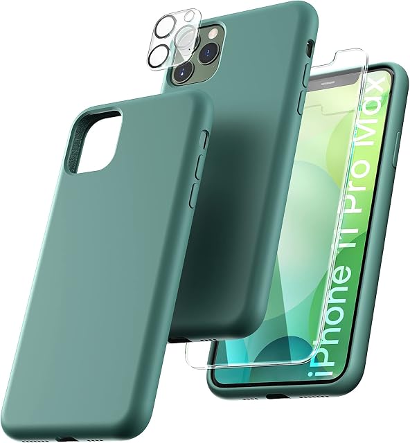 TOCOL 5 in 1 for iPhone 11 Pro Max Case 6.5", with 2 Pack Screen Protector + 2 Pack Camera Lens Protector, Liquid Silicone Slim Shockproof Cover [Anti-Scratch] [Drop Protection], Midnight Green