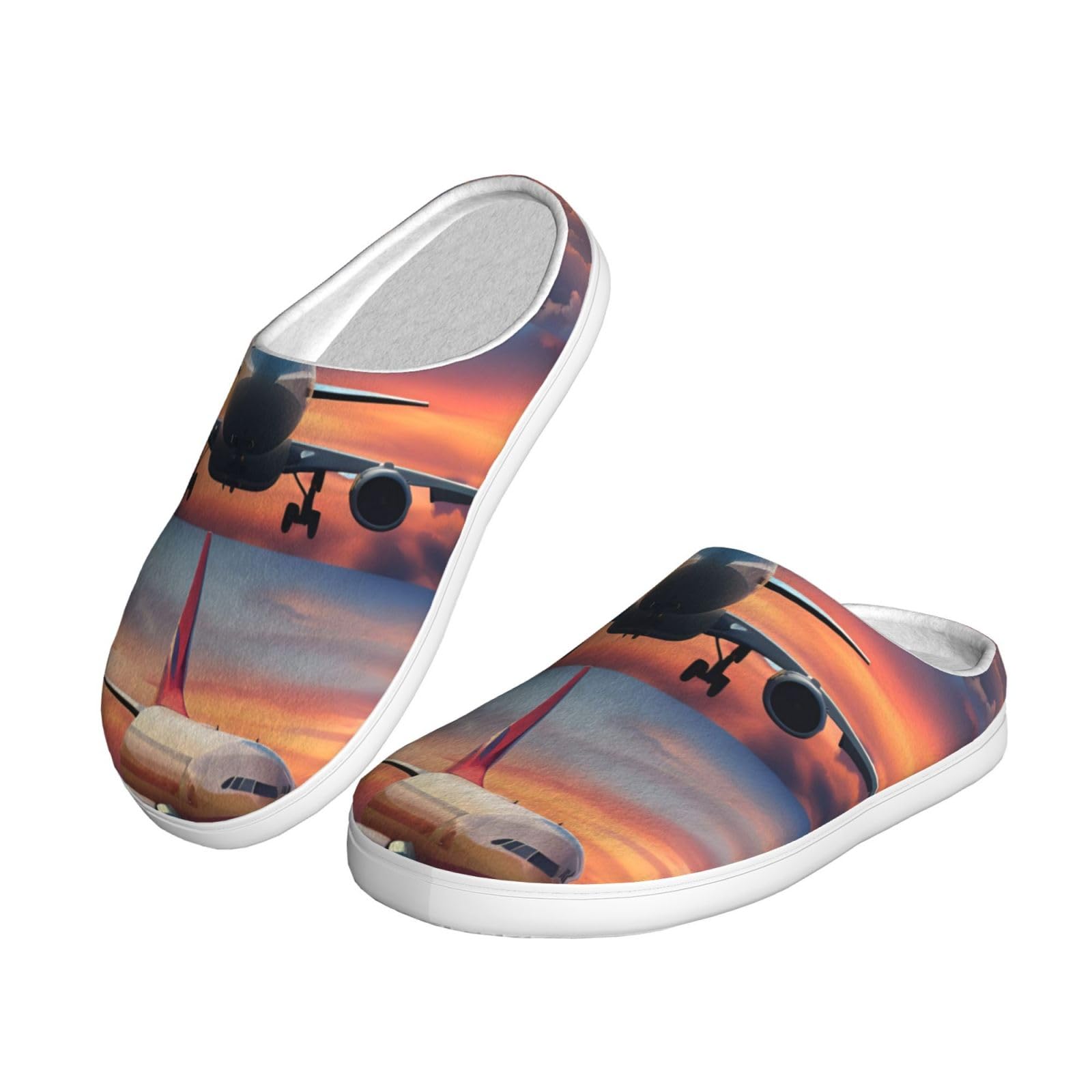 Hausschuhe für Erwachsene, Motiv: Flugzeug, Sonnenuntergang, Himmel, waschbar, für Damen und Herren, atmungsaktiv und gemütlich, Winterschuhe